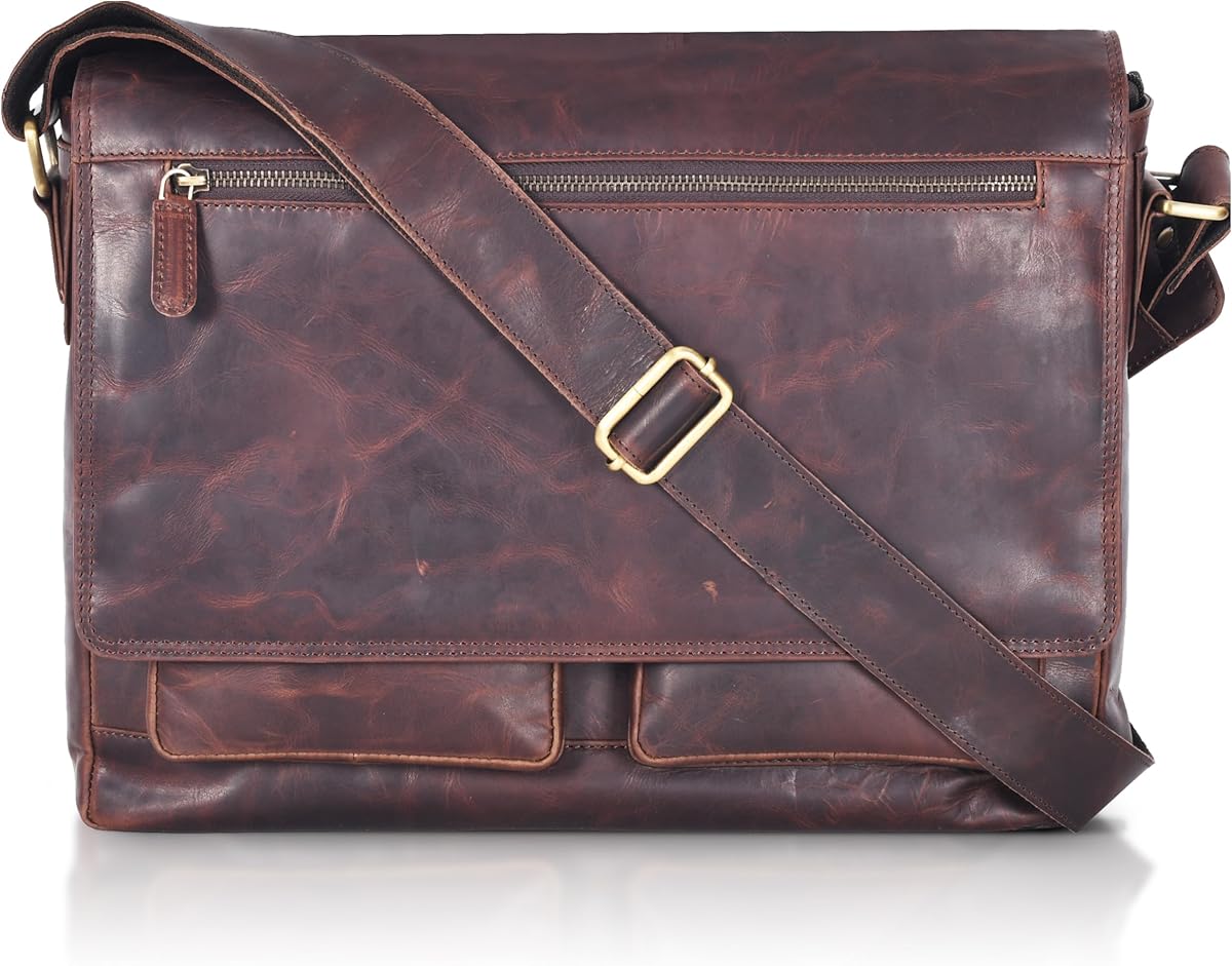 VALENCHI Real Genuine Leather 14" Laptop Messenger Bag/Briefcase For Men & Women (Brown Vintage LB04)