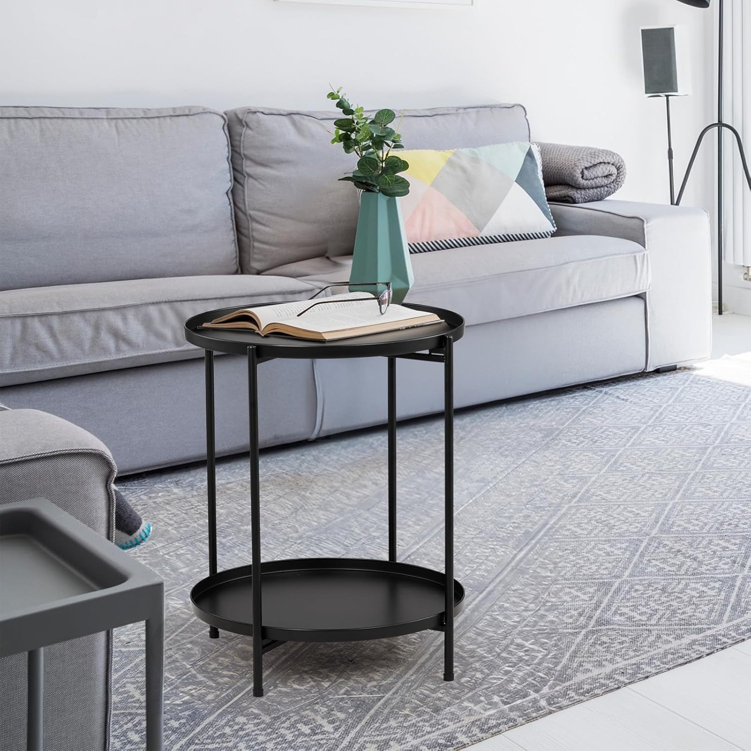 2-Tier Patio Side Table with Removable Trays, Powder-Coated Metal Outdoor Coffee Table for Balcony Garden Living Room
