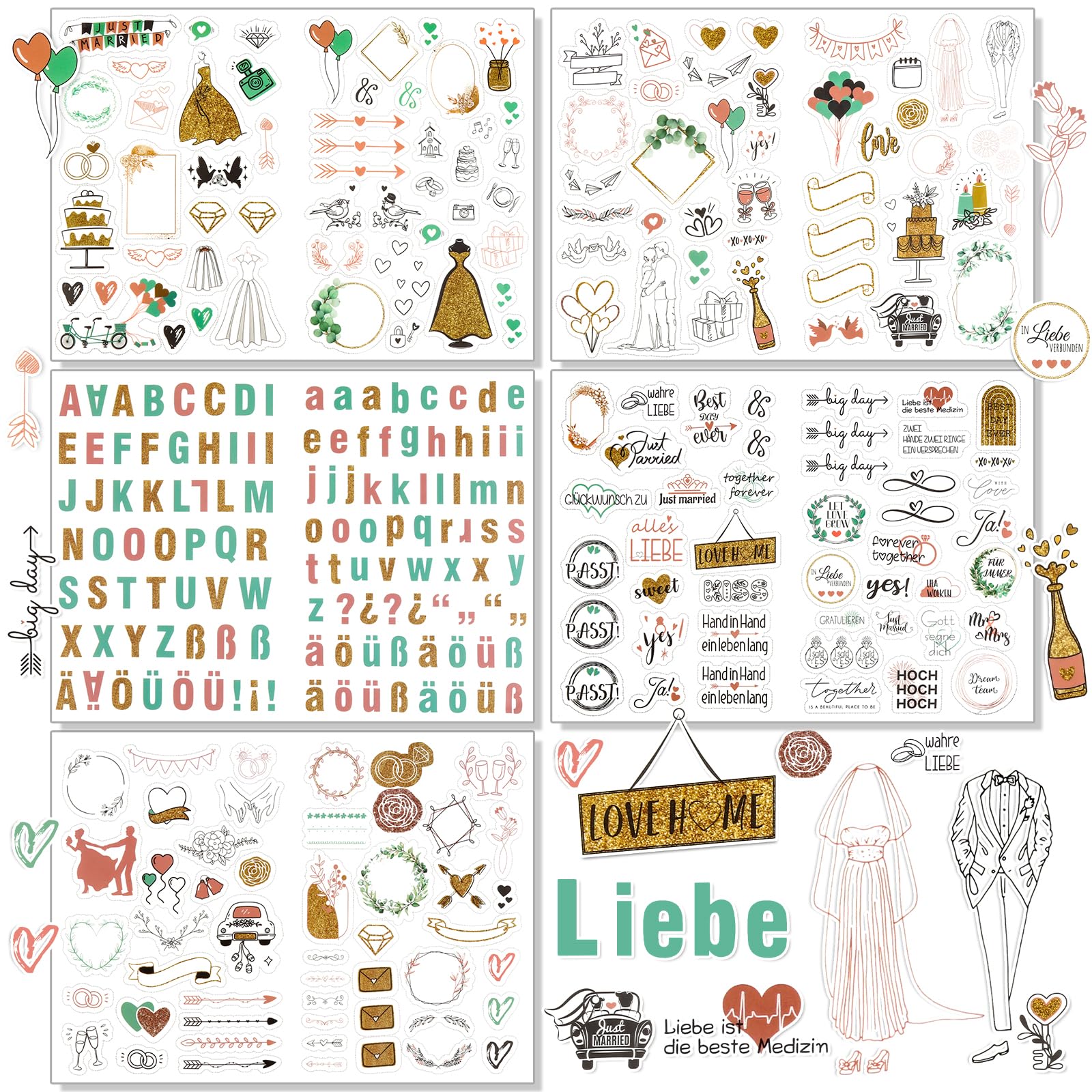 GHVACZS Pegatinas de boda libro de visitas (321 pegatinas), pegatinas alemanas e inglesas para boda, pegatinas de boda con mucho amor, se utilizan para decorar álbumes de fotos, álbumes de recortes,