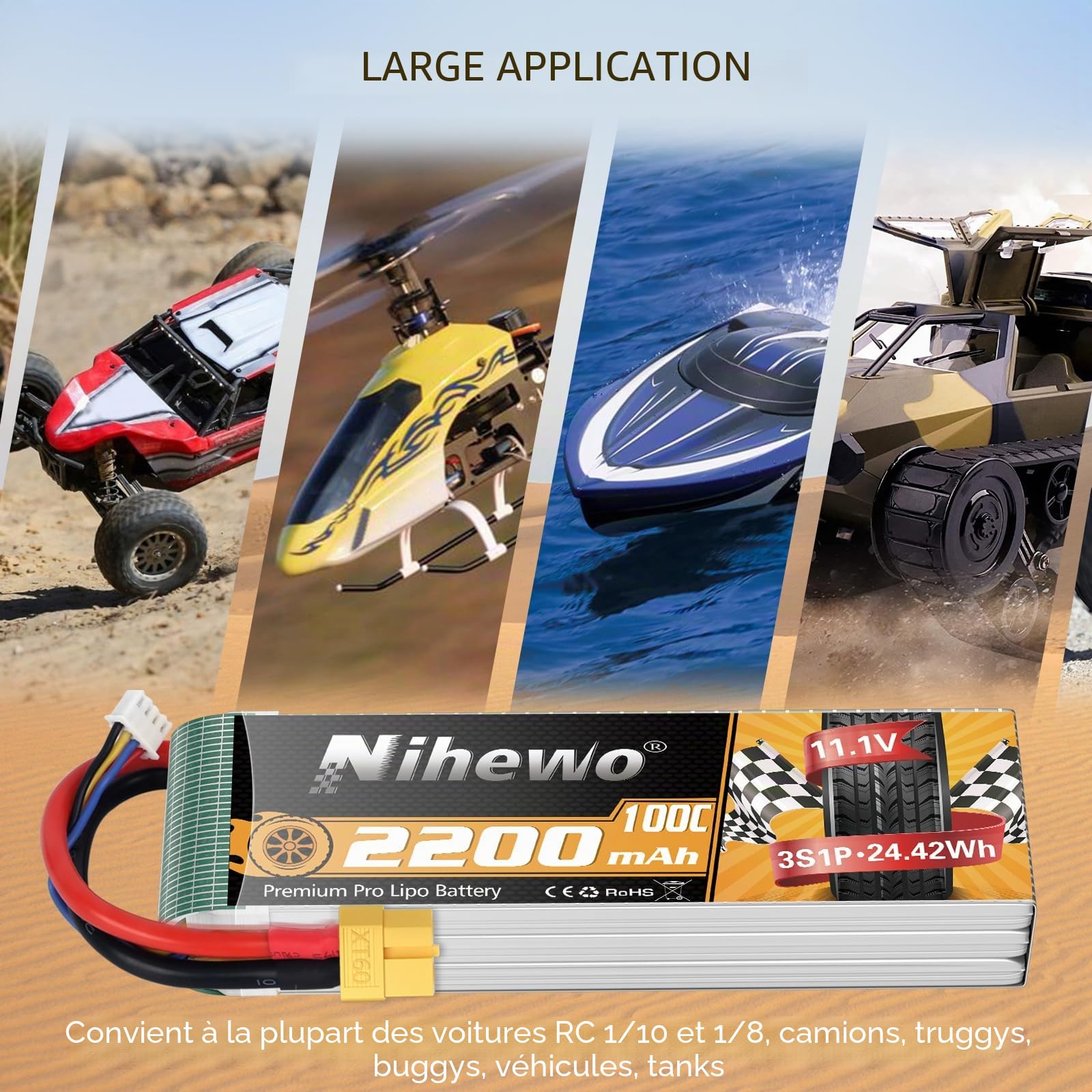 Batterie Lipo 3S 11,1V 2200mAh 100C Prise XT60 pour Drone FPV 2pcs