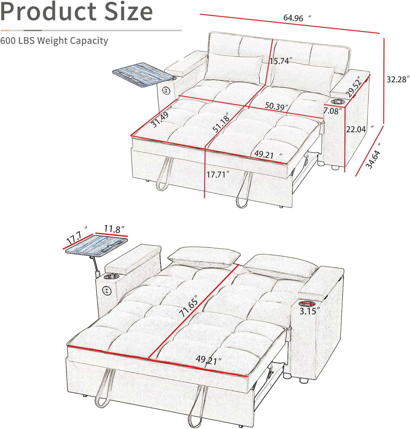 65'' 3-in-1 Folding Convertible Sofa Bed, Pullout Sofa, Modern Chenille Fabric, 360° Swivel Side Table, Easy Assembly, Perfect for Living Room(ZY-1107A-Brown) I-brown