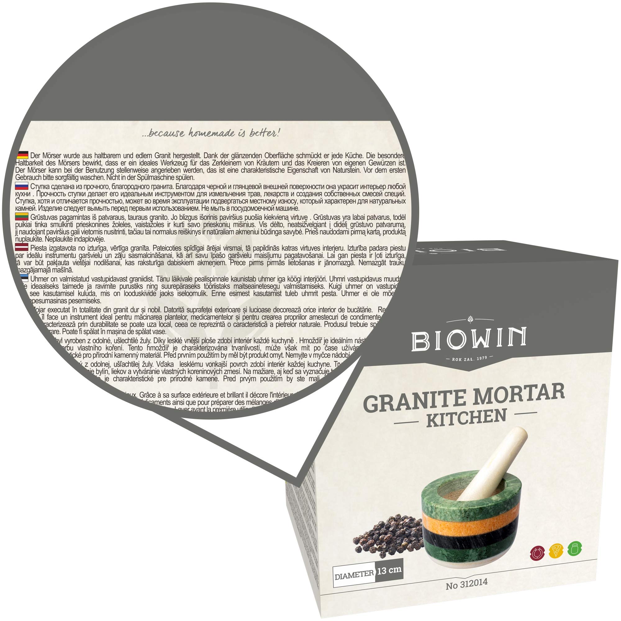 Browin 312014 Mortier de Cuisine Granit | Décoratif | en Pierre Naturelle | Cadeau pour les Amateurs de Cuisine