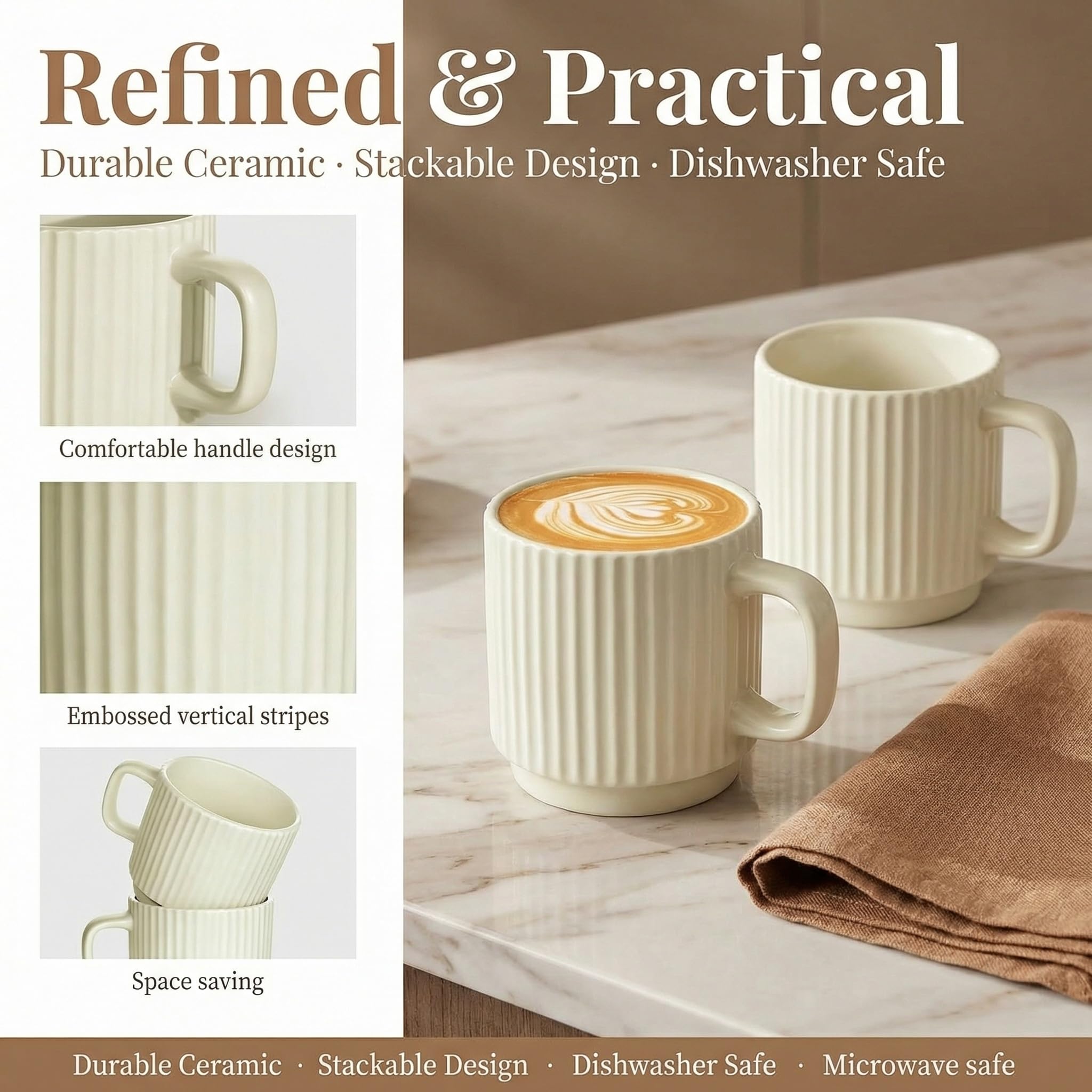 Juego De 4 Tazas De Café Apilables De Porcelana, Tazas De Espresso De 200 Ml con Asa para Té, Latte, Cacao Y Capuchino - Elegante Vajilla De Cerámica Blanca