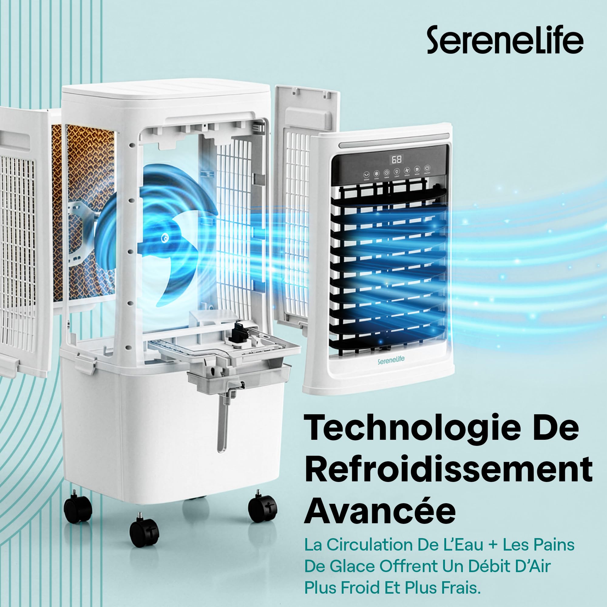 SereneLife Rafraîchisseur d’Air Évaporatif 25 L – Ventilateur Puissant avec Fonction Glaçons, Écran LED, Réservoir Amovible, pour Maison et Bureau