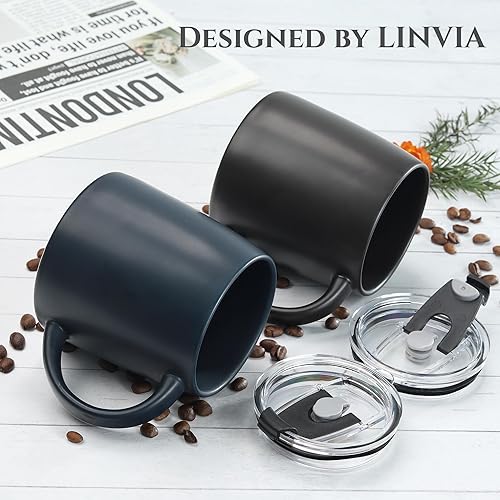 Miniatura 5 de Taza clásica de café grande de 16 onzas con tapa abatible y asa, taza de té de porcelana de cerámica, mate liso (1 unidad, negro)