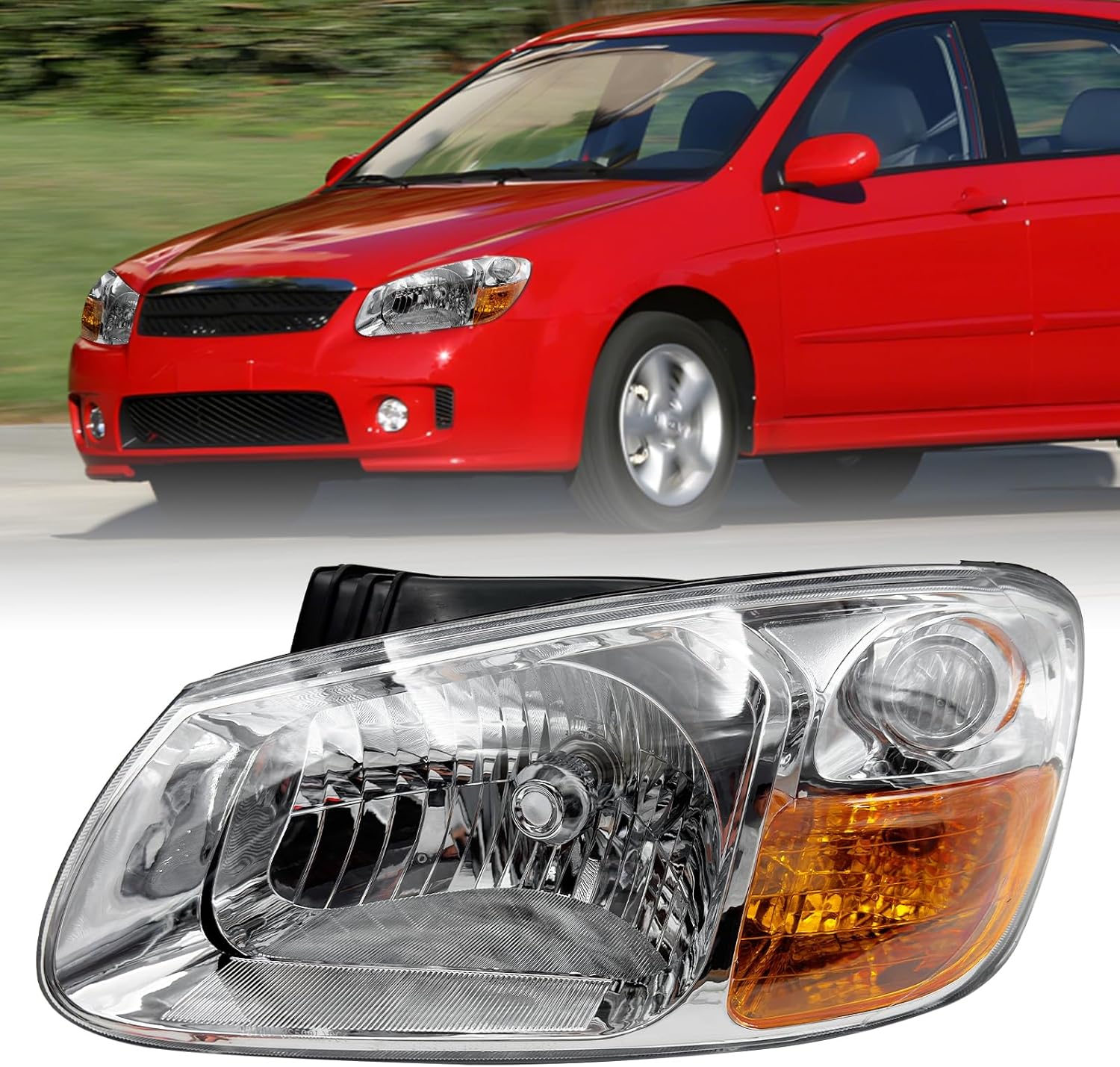 Headlight Assembly Compatible with 2007 2008 2009 Kia Spectra Halogen Headlight Headlamp Transparent Lens Replacement with Bulbs (Passenger Right Side)