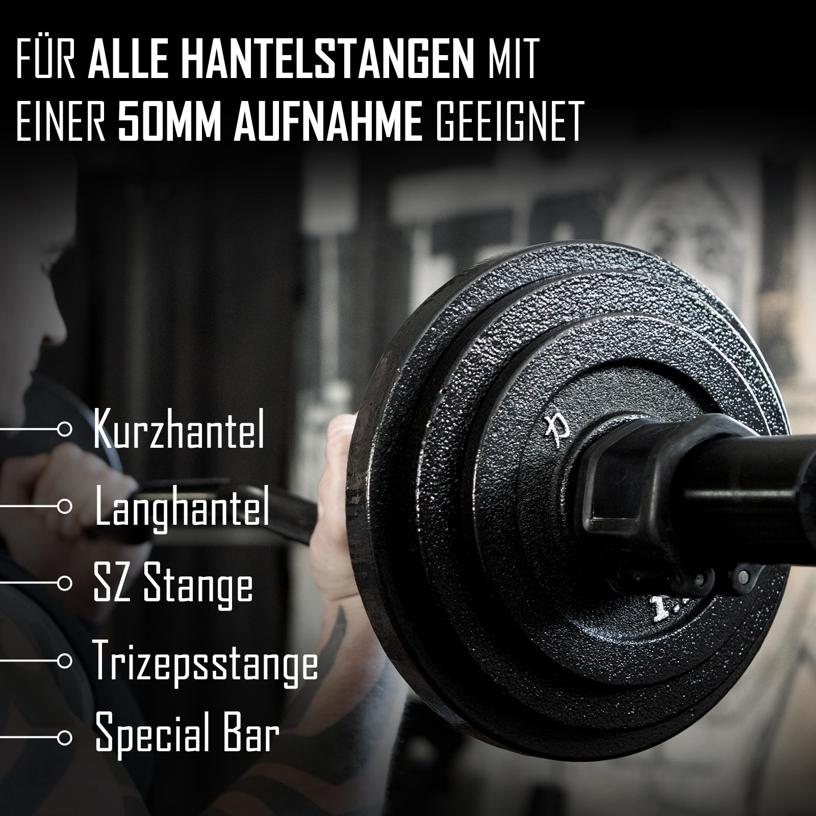 Strength Shop Hantelscheiben 50mm Loch-Ø (1.25kg - 25kg), Hantelscheiben Gusseisen mit Griffkante, Robuste Gewichtsscheiben mit sehr hoher Gewichtsgenauigkeit, ideal für Langhantel, SZ- Stange & Co.