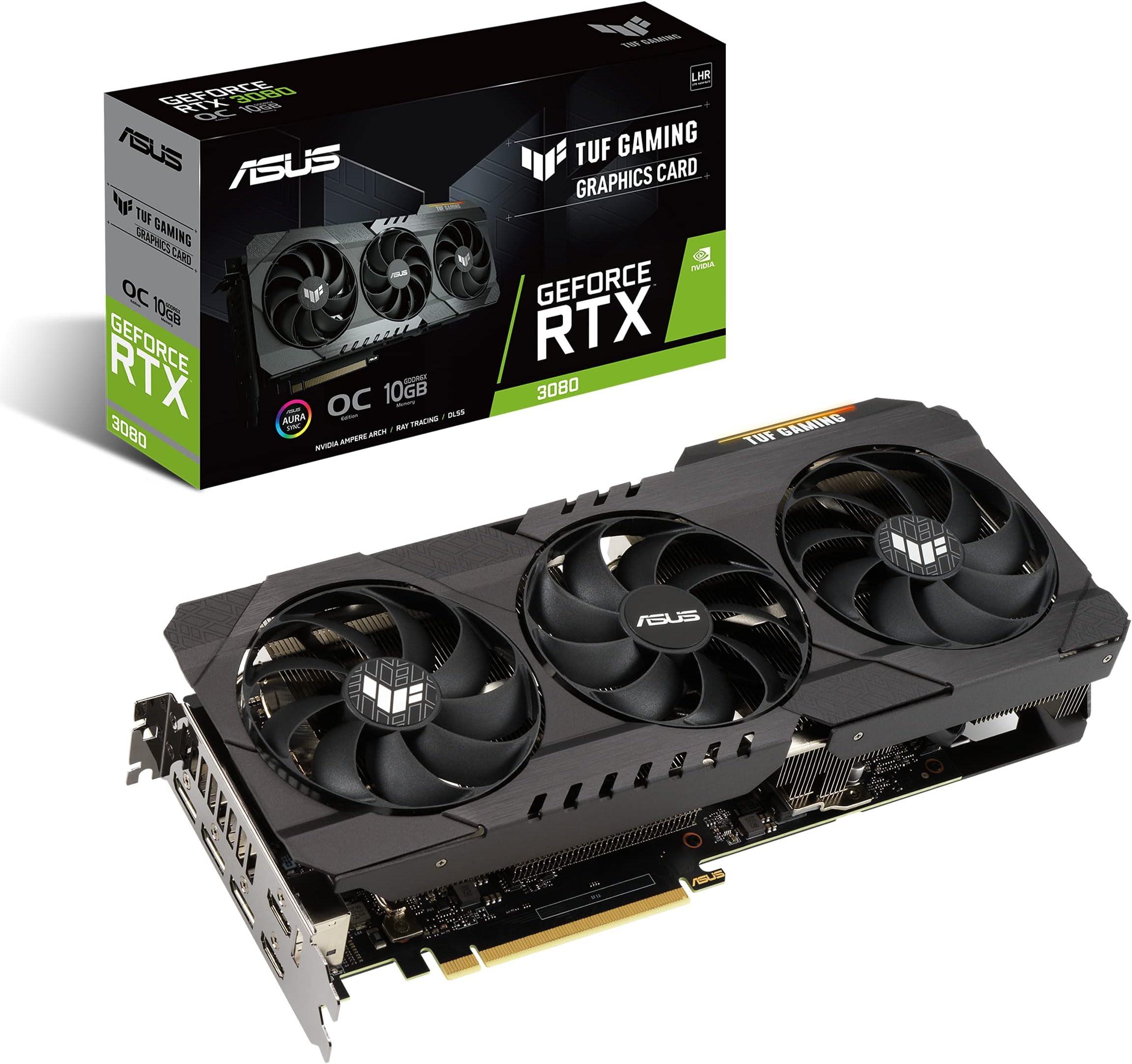 TUF Gaming NVIDIA GeForce RTX 3080 V2 OC Edition Graphics Card (PCIe 4.0, 10GB GDDR6X, LHR, HDMI 2.1, DisplayPort 1.4a, Dual Ball Fan Bearings, Military-Grade Certification, GPU Tweak II)
