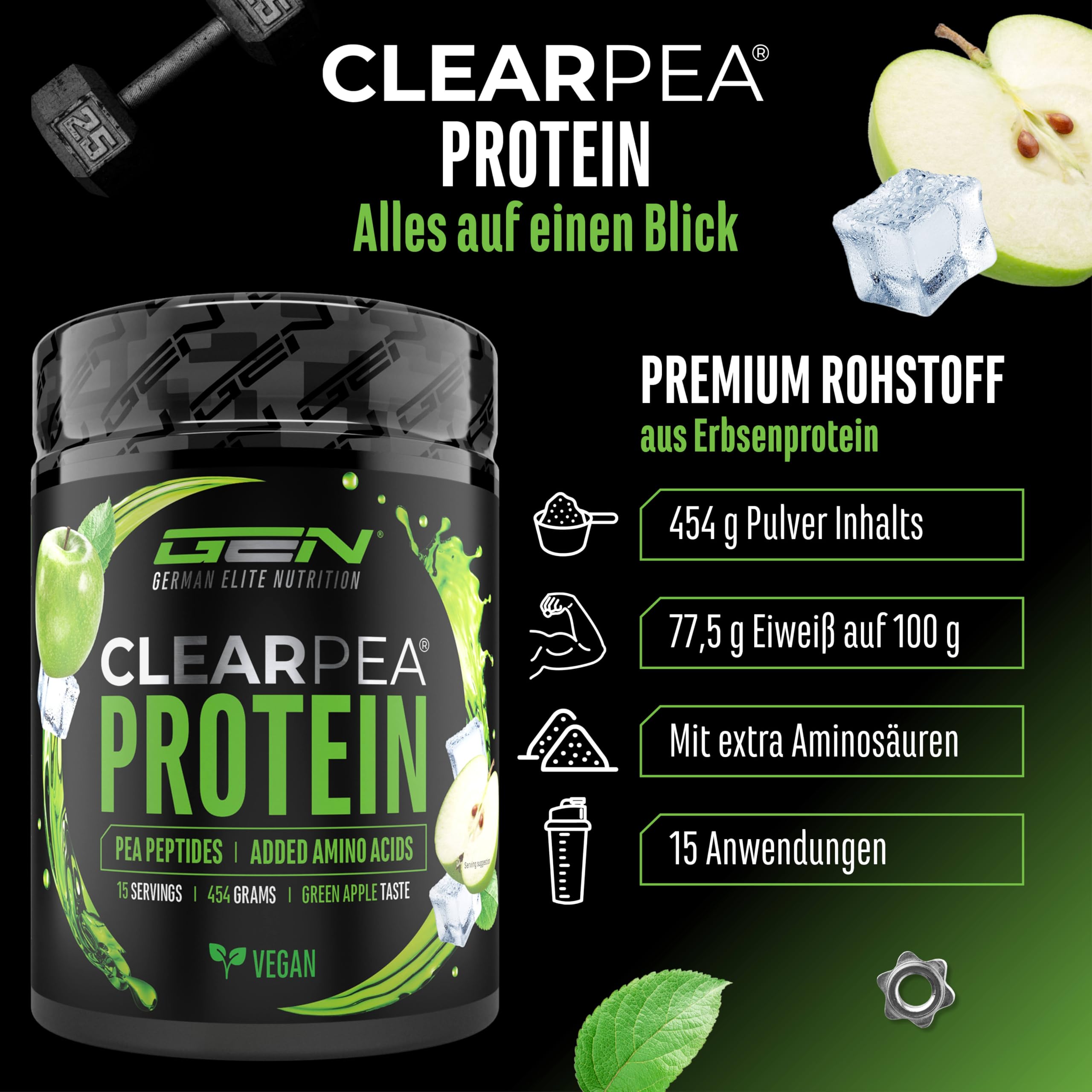 ClearPea® - Clear Protein Vegan - Lecker & erfrischender veganer Eiweiß-Shake - Veganes Eiweißplulver aus Erbsenproteinhydrolysat Pepitde - Clear Whey Alternative (454g, Green Apple)