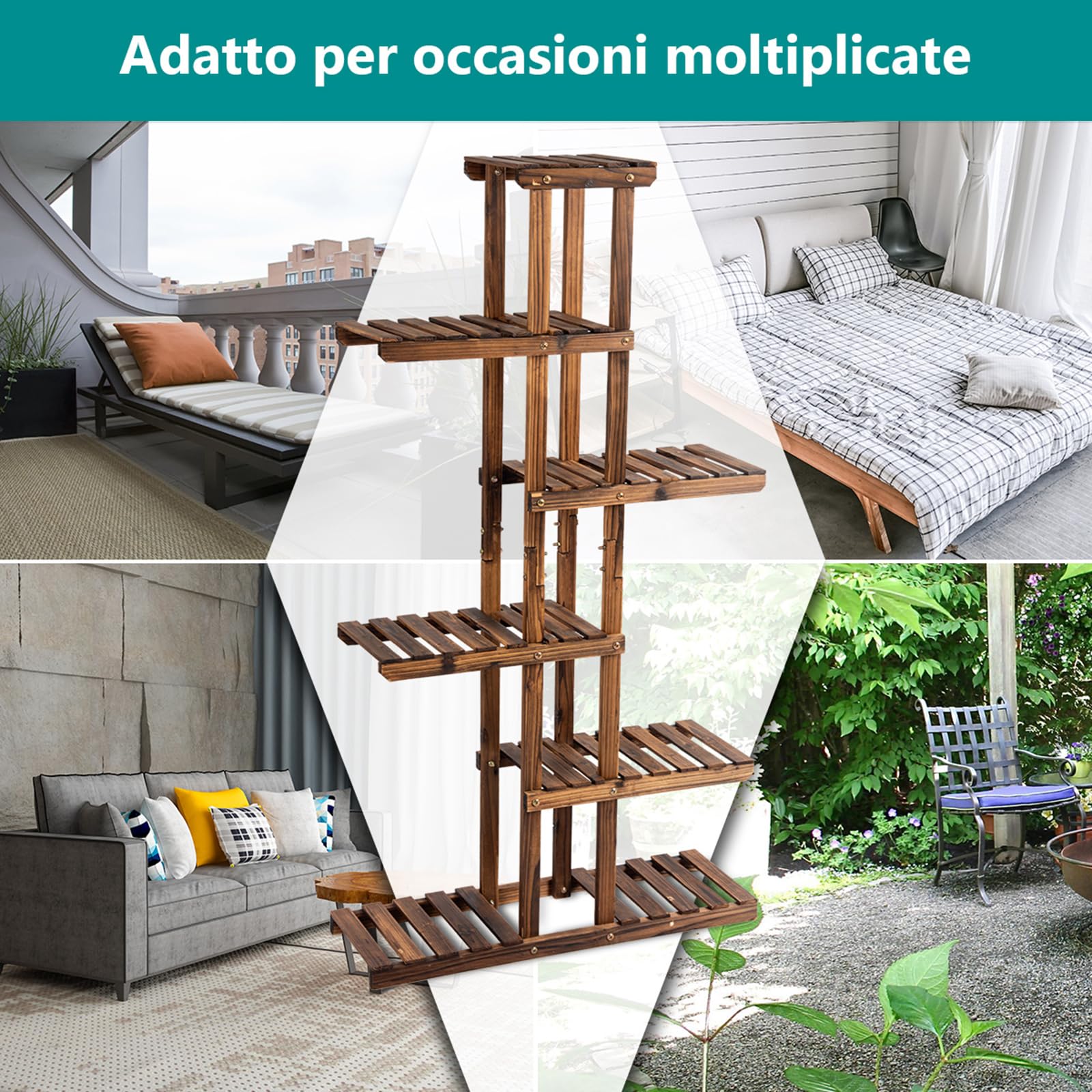 COSTWAY Porta Piante in Legno a 6 Livelli da Interno ed Esterno | Scaffale Porta Fiori e Vasi da Balcone, Giardino e Salotto