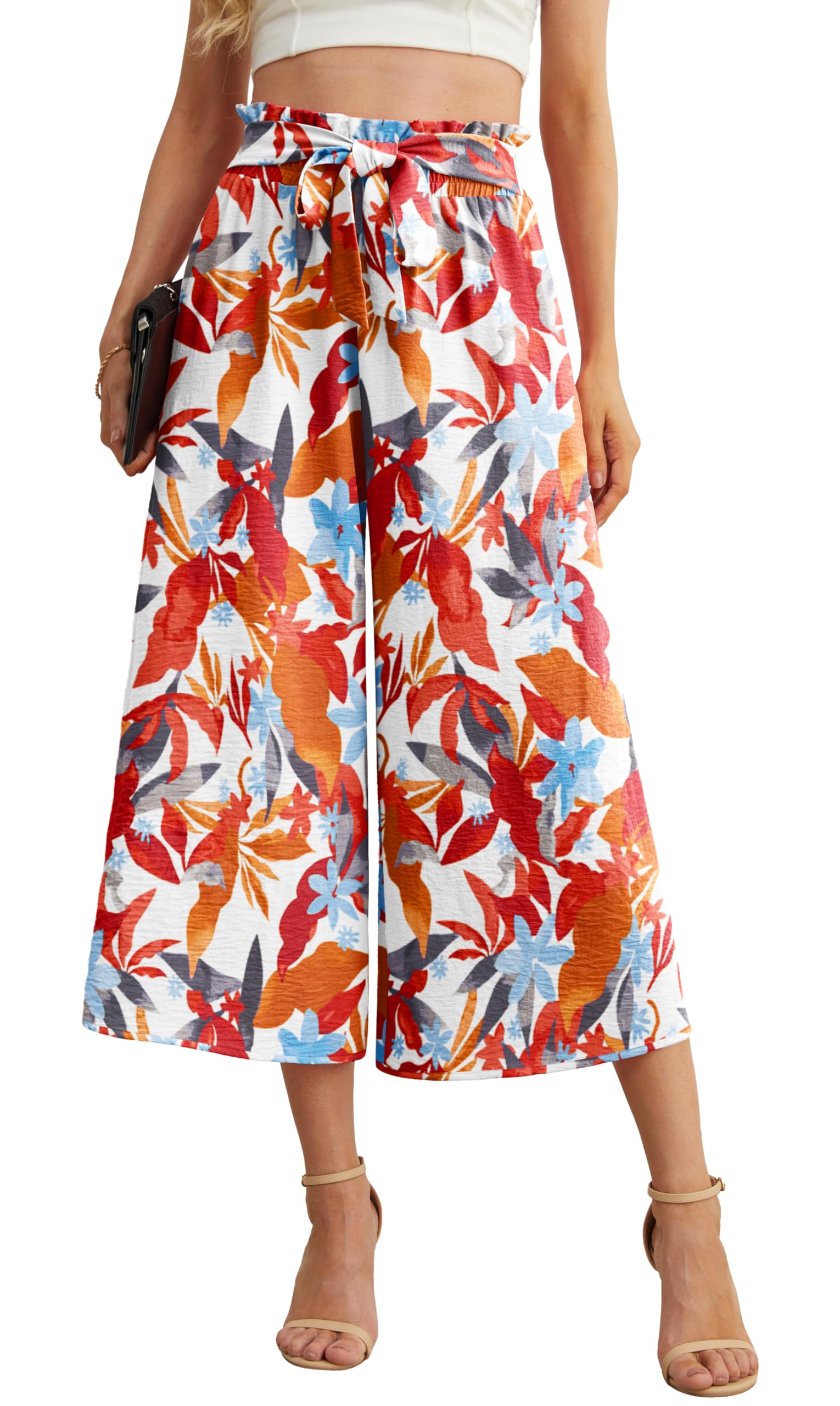 IWOLLENCE Women Flowy Loose Wide Leg Pant Summer Beach Casual Trousers high Waist Adjustable Knot Business Work Casual Pants
