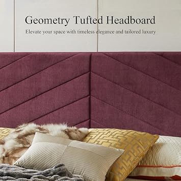 Luxury King Bed Frame with Built-in Gold LED Lights and Nightstands, King Size Platform Bed with Oversize Upholstered Headboard, No Box Spring Needed-Burgundy