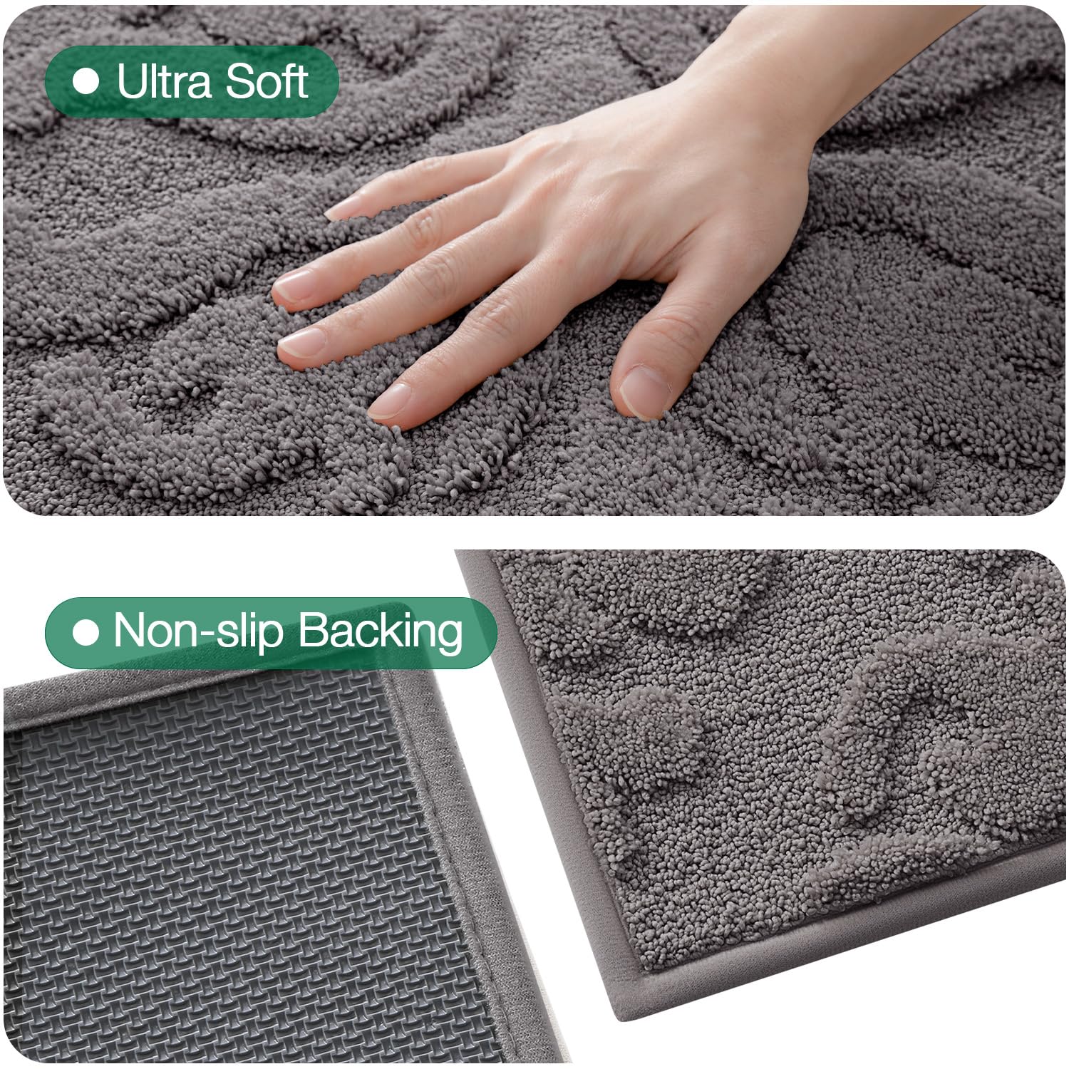 LUMI Badezimmerteppich, rutschfeste Gummi-Unterseite, ultraweiche Mikrofaser-Badematte, maschinenwaschbar, eleganter floraler Badteppich für Dusche, Boden, Badewanne, Waschbecken, 61 x 91 cm, Grau