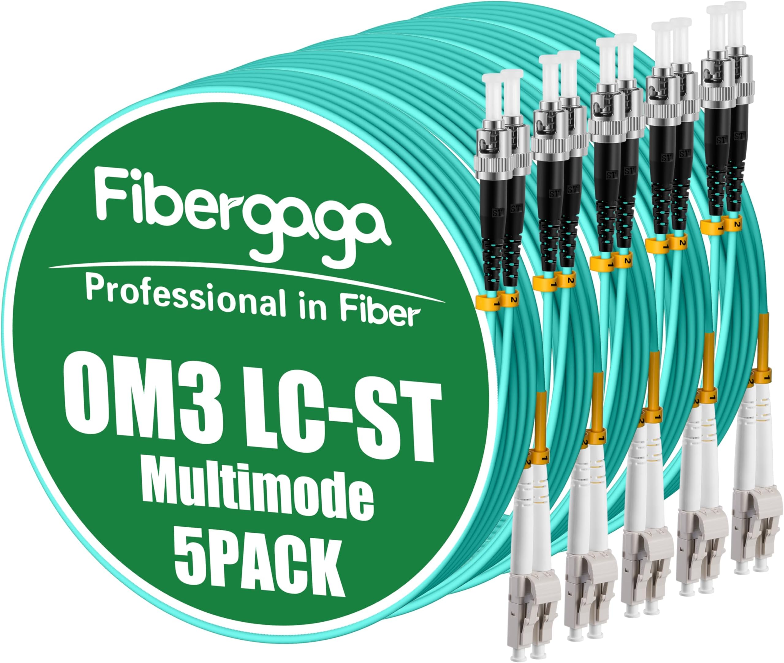 - 5Pack OM3 LC to ST Multi-Mode Fiber Patch Cable,Duplex 50/125µm 10G/40G OD-2.0mm Fiber Optic Jumper Optical Patch Cord LSZH -1M(3ft)