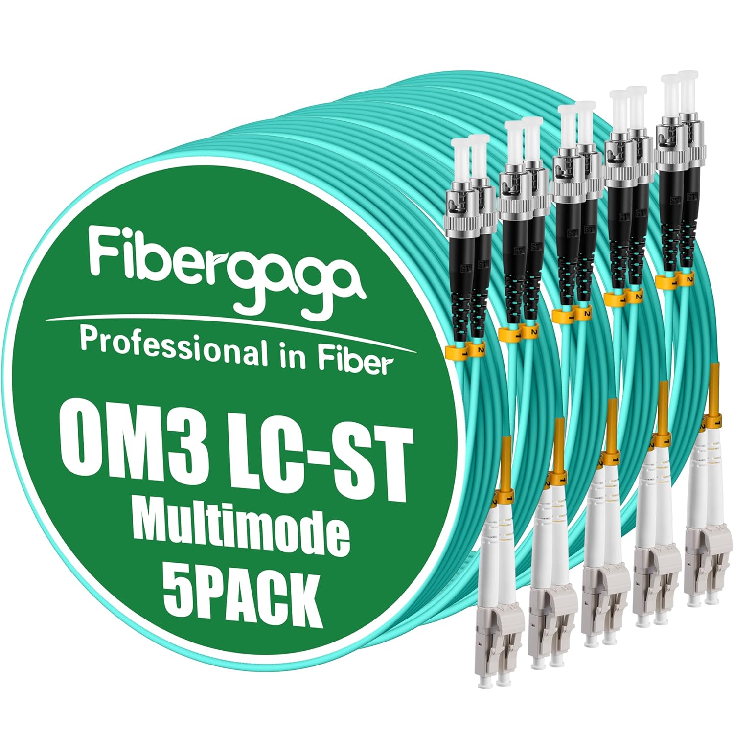 Fibergaga-5Pack OM3 LC to ST Multi-Mode Fiber Patch Cable,Duplex 50/125µm 10G/40G OD-2.0mm Fiber Optic Jumper Optical Patch Cord LSZH -2M(7ft)