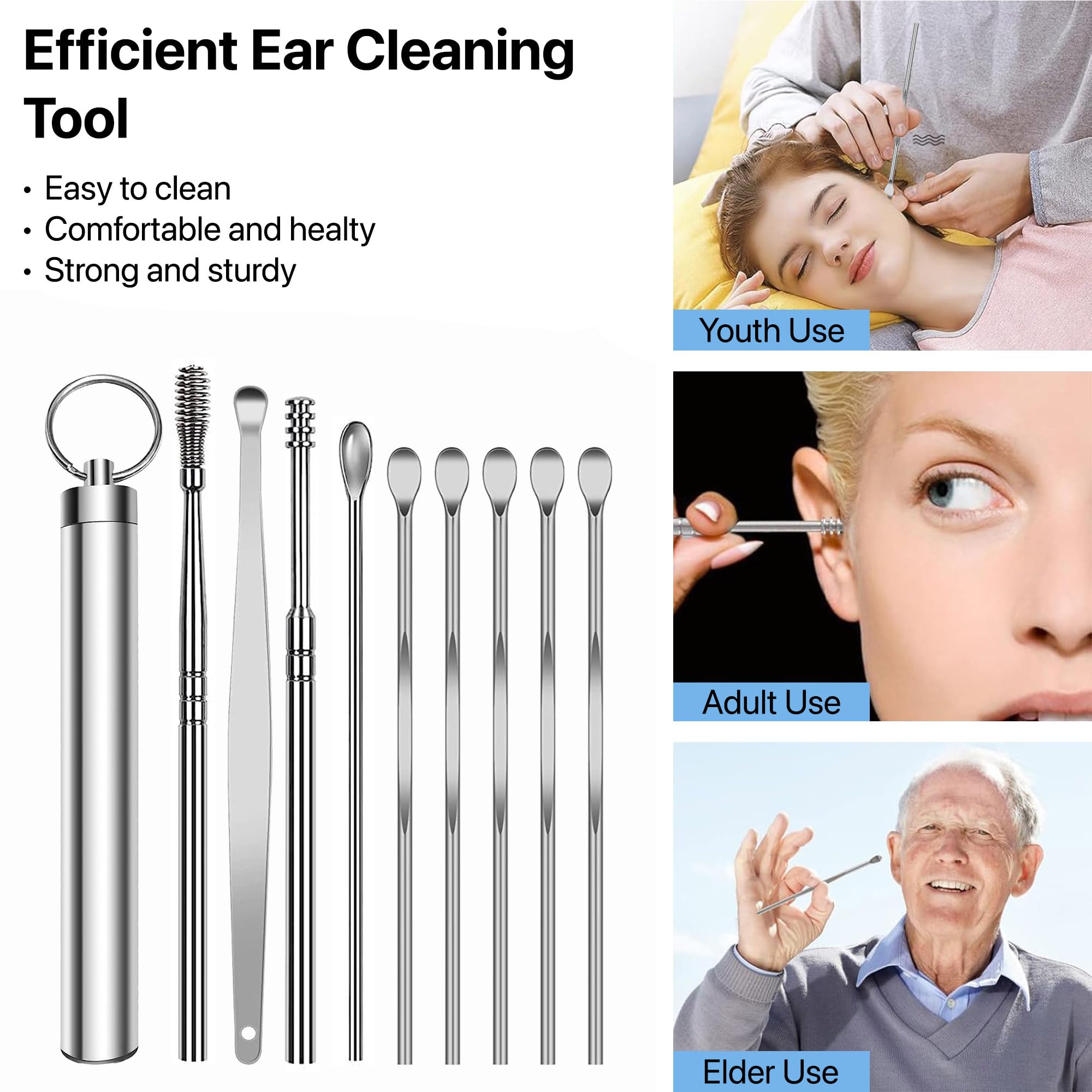 Dr Vaku® Reusable Ear Wax Removal Cleaning Tool Kit (Set of 9) Stainless Steel Storage Box Ear Pick Scoop Curette Cleaner And Spring Buds Safe Easy & Hygienic- Silver - Image 4 thumbnail
