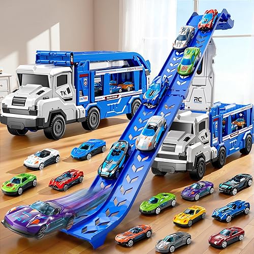Miniatura 9 de Camión transportador 3 en 1 para niños pequeños de 2 a 4 años con 12 autos de carreras, pista de carreras plegable y garaje para automóviles, rampas