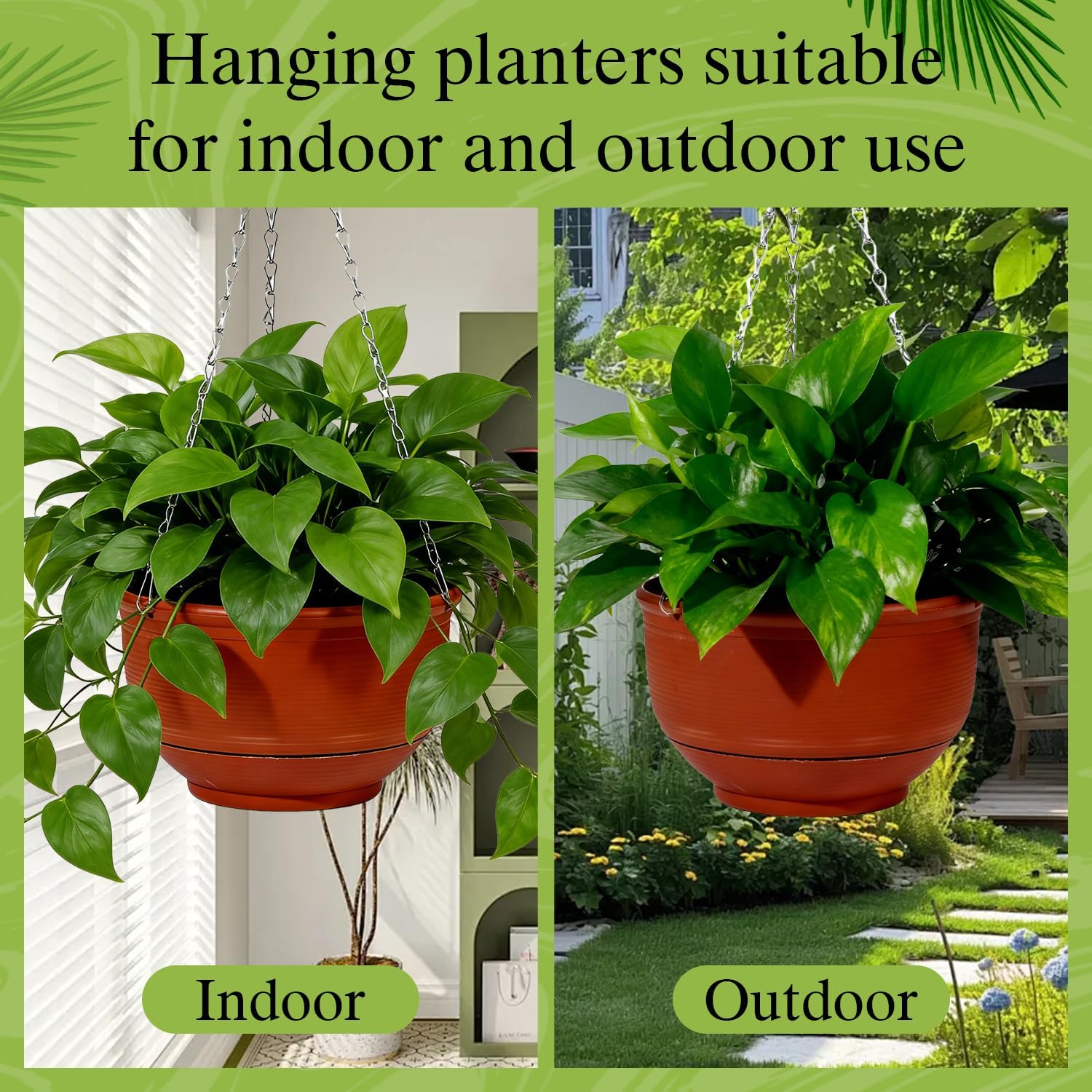 VIDELLY 2 Pack Hanging Planter 9 Inch Red Hanging Flower Pot with Chain Indoor Outdoor Hanging Basket Garden Hanging Plant Container for Balcony Patio Plant Decor