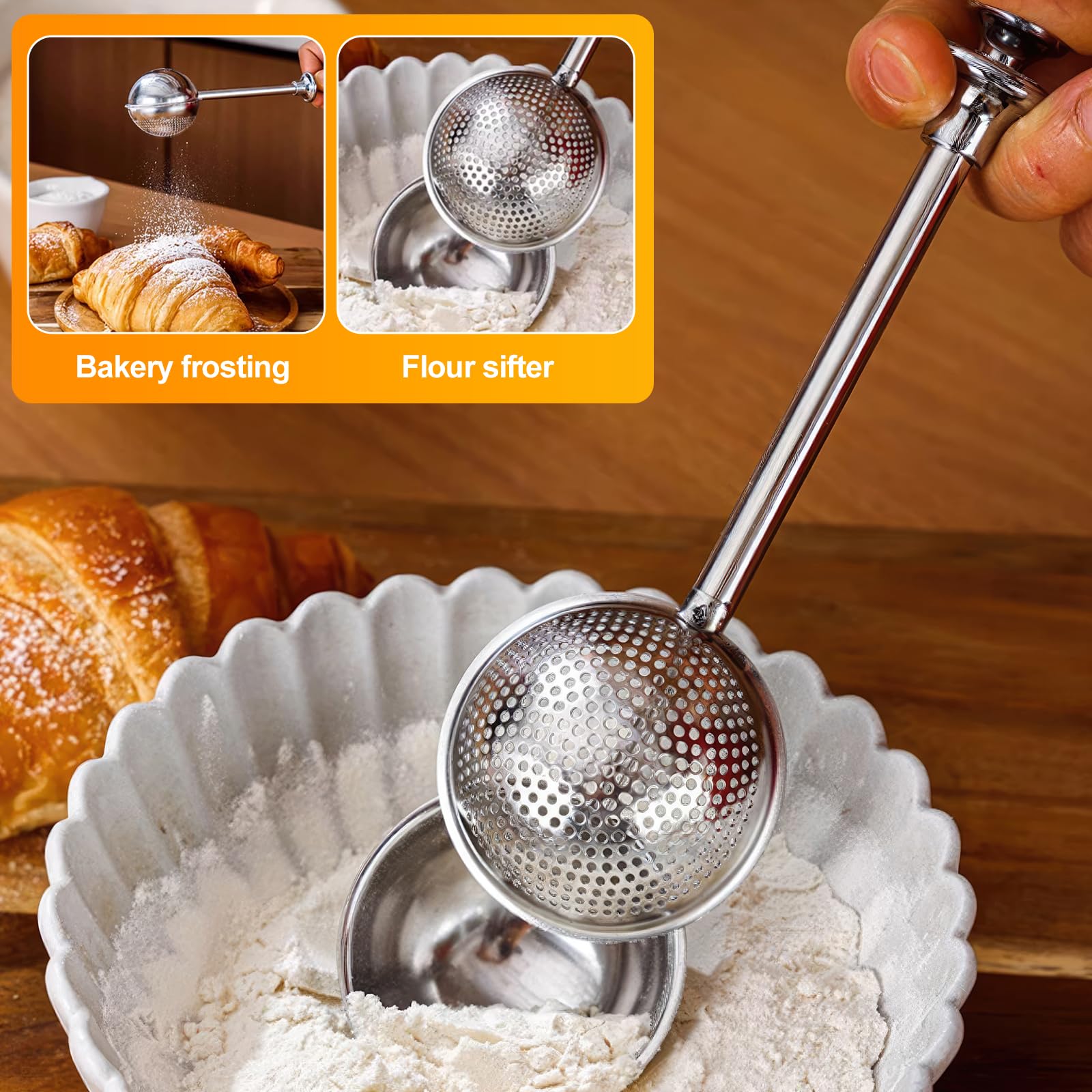 4 in 1 Mehlsieb Edelstahl, 5 Tassen Mehlsieb zum Backen, Sieb zum Backen mit Puderzucker Staubwedel Set, Mehlstreuer Staubwedel zum Backen von Kuchen, Torten, Gebäck, Desserts und Cupcakes