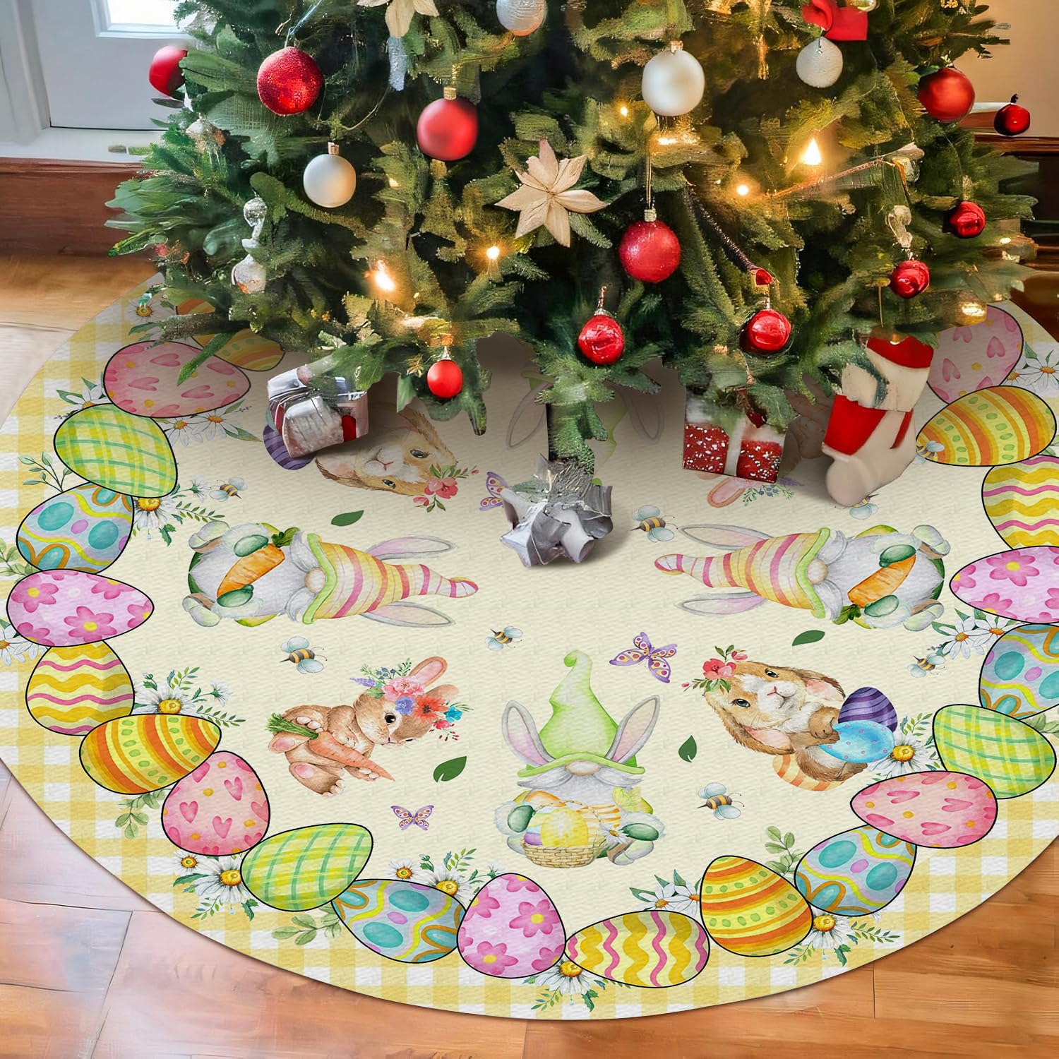 Easter Tree Skirt Bunny Eggs, Happy Easter Rabbit Gnome Xmas Tree Skirts Mat 36 Inch, Holiday Party Indoor Home Decor