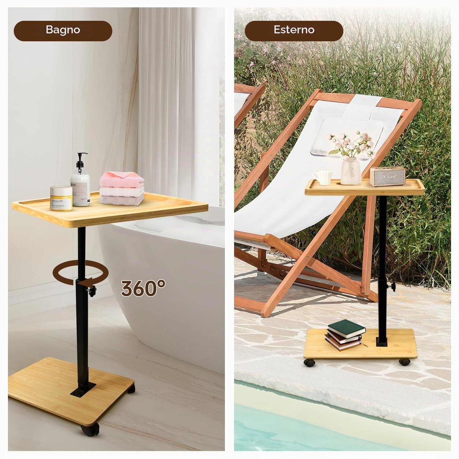 Tavolino Laterale Forma C in Bambù e Metallo Moderno Altezza Regolabile con Rotelle - per Letto, Divano, Comodino - Soggiorno, Camera da Letto, Bagno