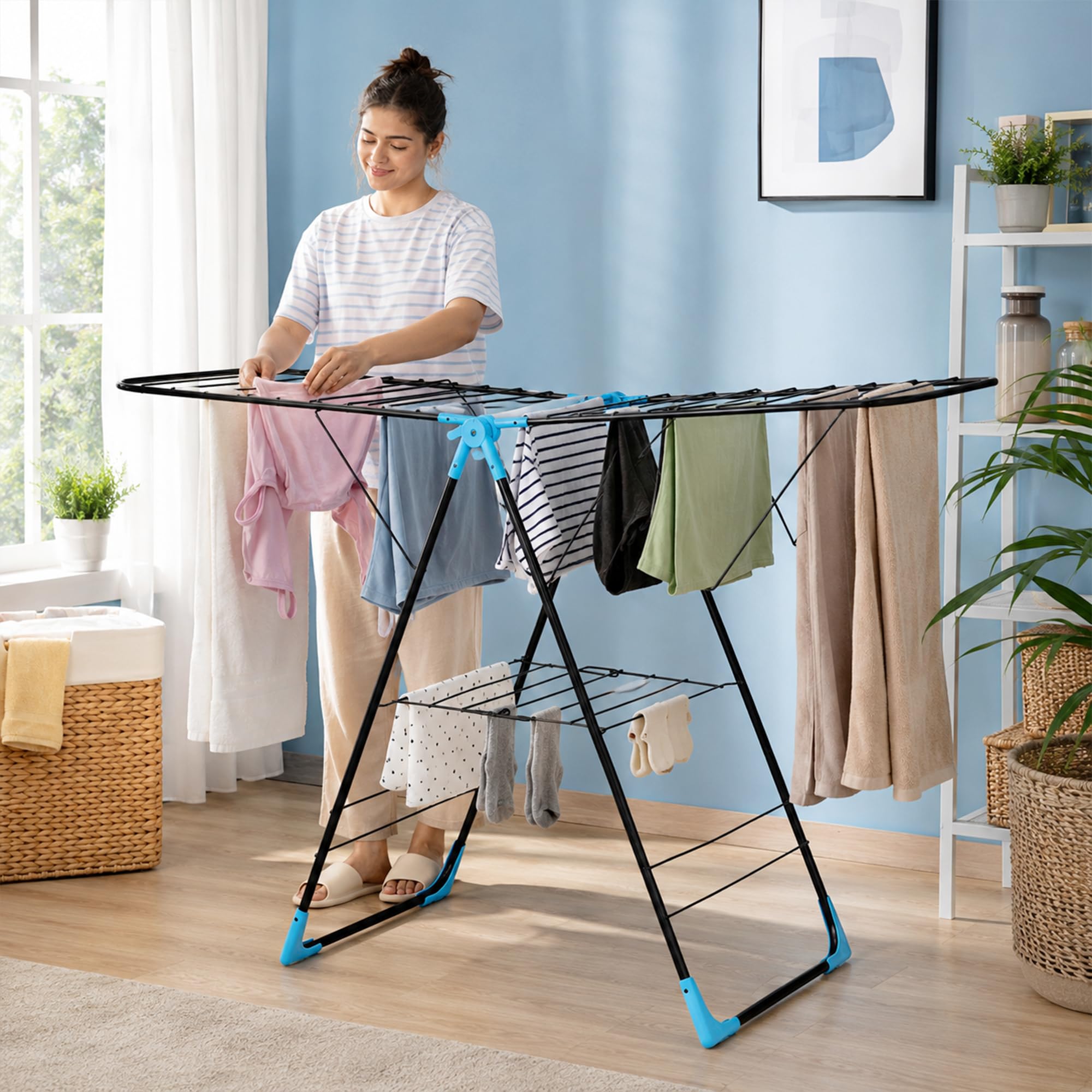 FLIPZON AeroDry Pro Foldable Clothes Drying Stand | Heavy Duty Laundry Drying Rack with Expandable Wings | Rust Resistant | Space Saving Indoor & Outdoor | Black & Blue-image-19