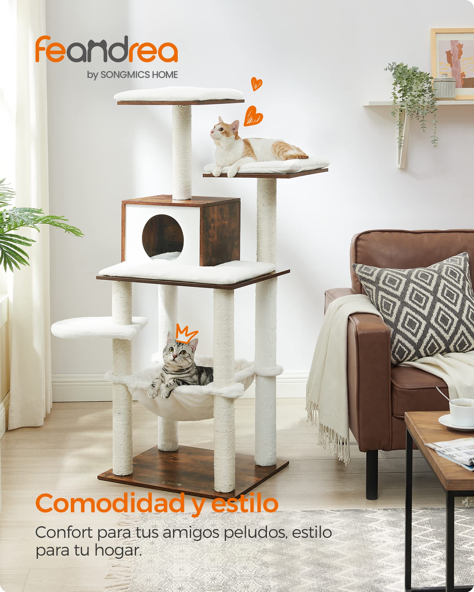 FEANDREA Árbol para Gatos de Interior 138 cm - Torre Moderna con Postes de Rascado, Hamaca, Felpa Suave, Cojines Lavables, Condominio de Varios Niveles, Marrón Rústico