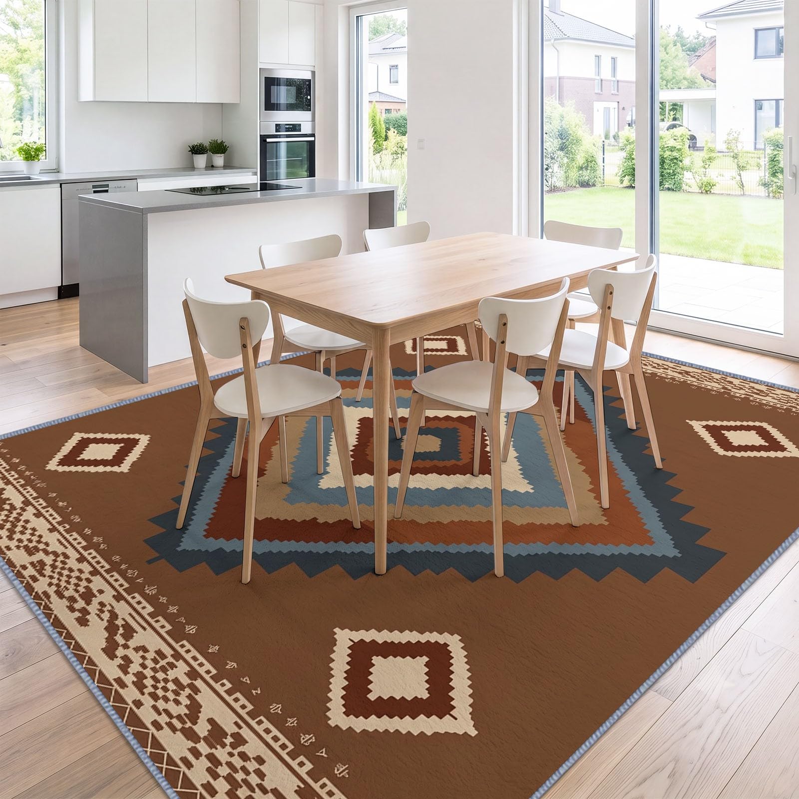 Ethno Waschbarer Teppich 80 x 150 cm, Wohnzimmer Indigen Geometrisch Rautenmuster rutschfest Weich Teppich für Schlafzimmer, Esszimmer, Büro