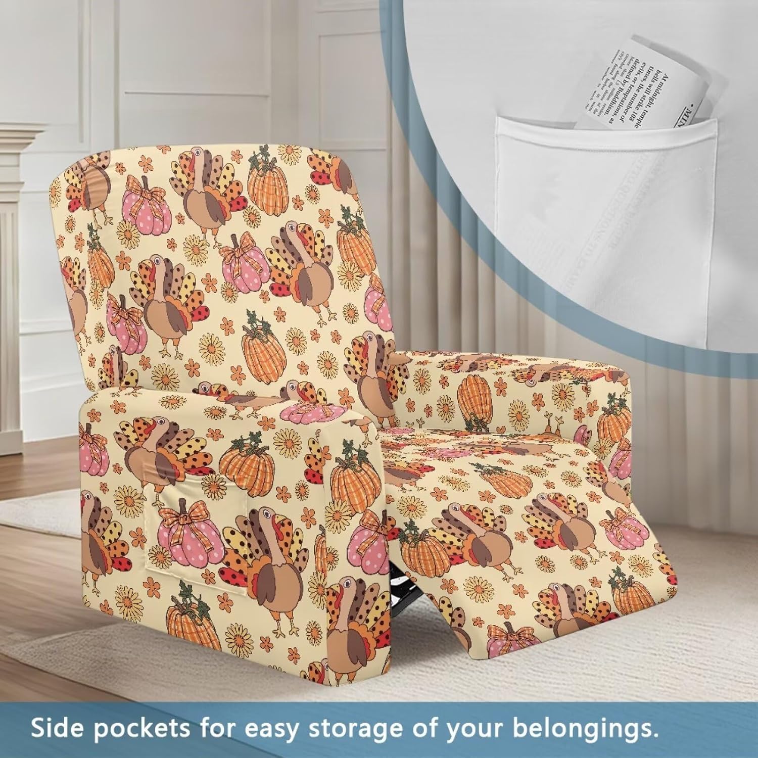 FOR U DESIGNS Turkey Pumpkin Small Recliner Cover 4-Pieces Stretch Slipcover with Elastic Edges Non-Slip Furniture Protector for Recliner Chairs Washable Covers Against Stains