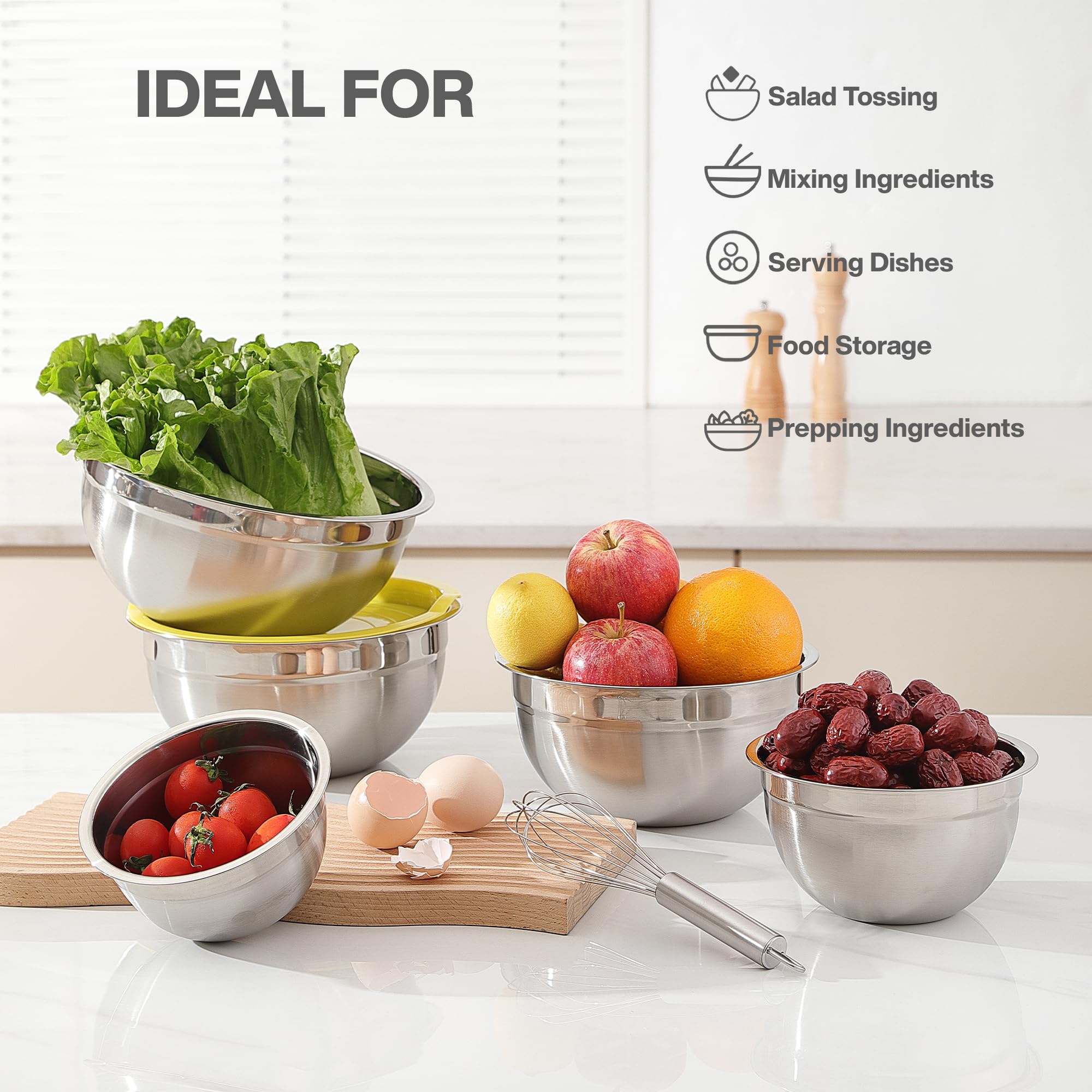 Juego de cuencos para mezclar con tapas, 7 cuencos para hornear, cocinar, preparar y almacenar alimentos, cuencos de acero inoxidable multicolor, incluye tazas medidoras, cuchara, cepillo y otras 11