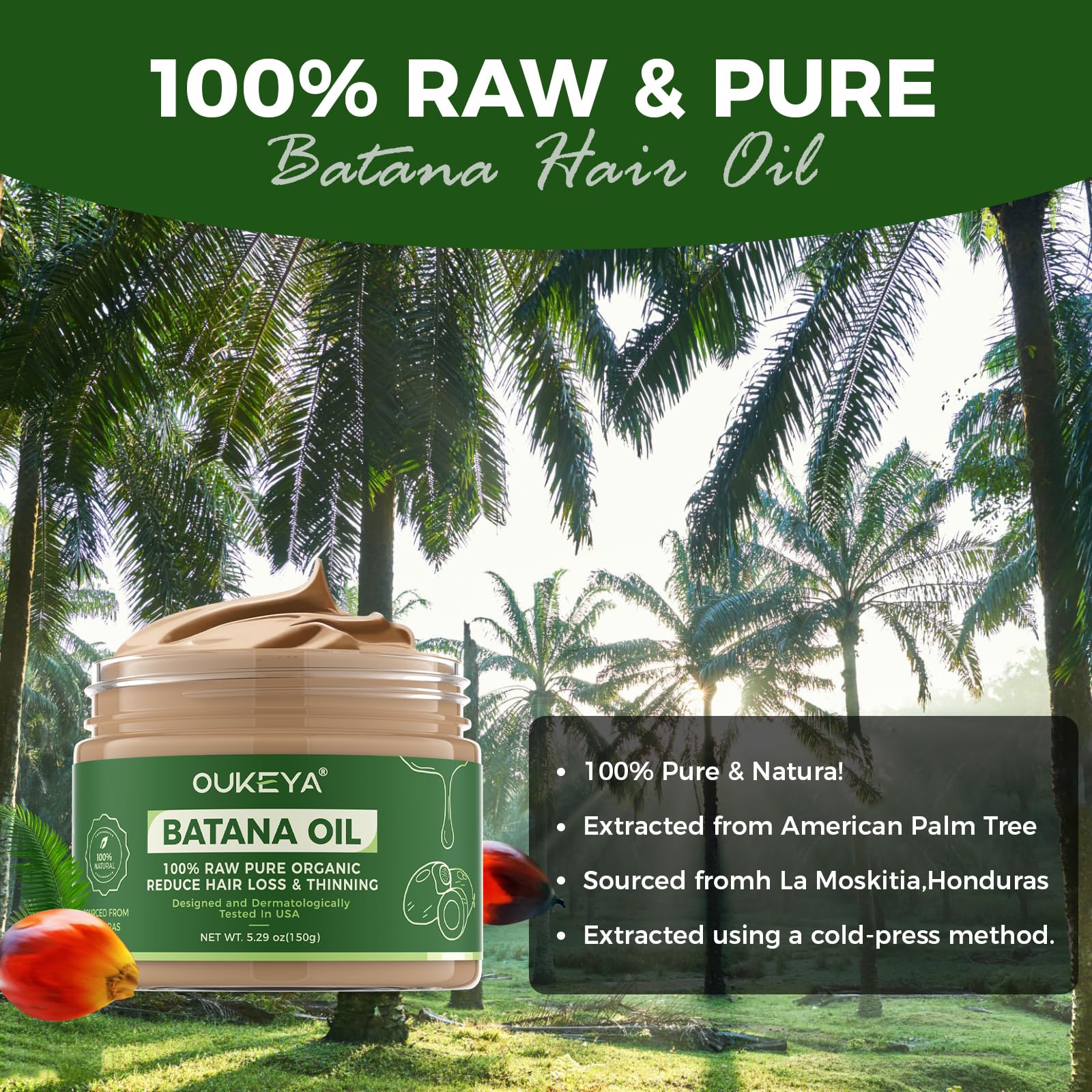 OUKEYA Raw Batana Oil Hair Mask for Hair Growth 100% Natural Organic from Honduras, Boosts Hair Thickness & Strength - Image 2