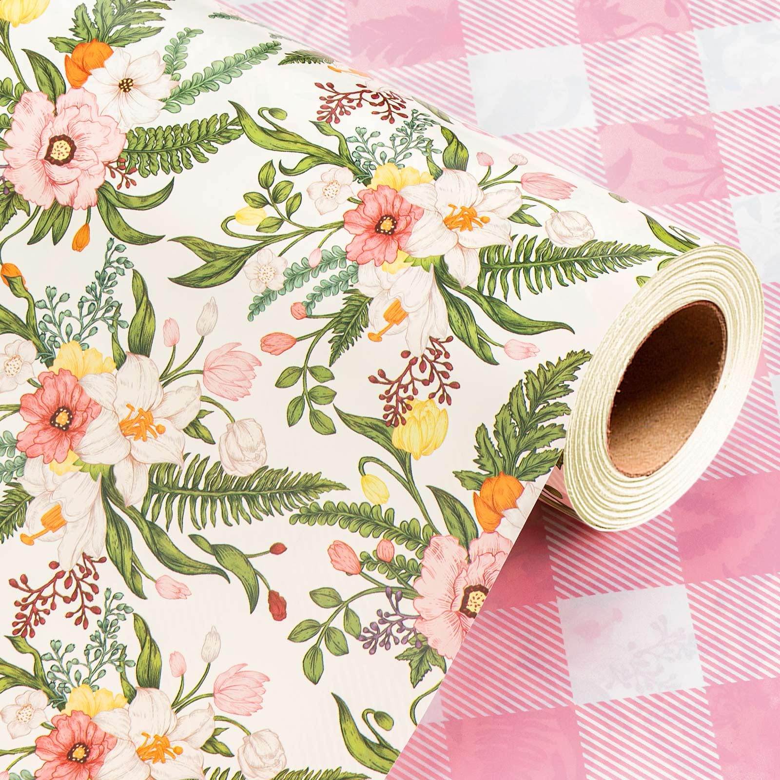 Wikadlik Floral Wedding Wrapping Paper, 43cm x 10m Romantic Pink White Flowers and Plaid Gift Wrap Paper for Mother's Day, Birthday, Baby Shower, Valentine's Day