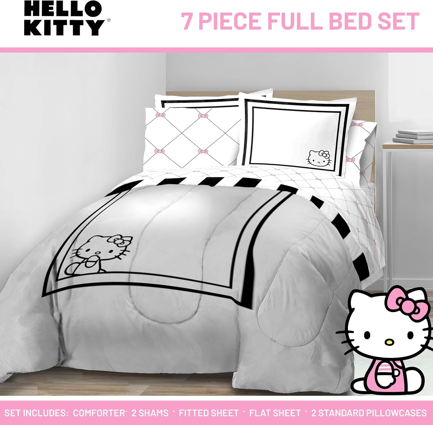 jay franco comforter set includes sheets and pillow covers - soft and cozy bed set for stylish room decor, white - hello kity 7 piece full size bedding white - hello kitty 7 piece full