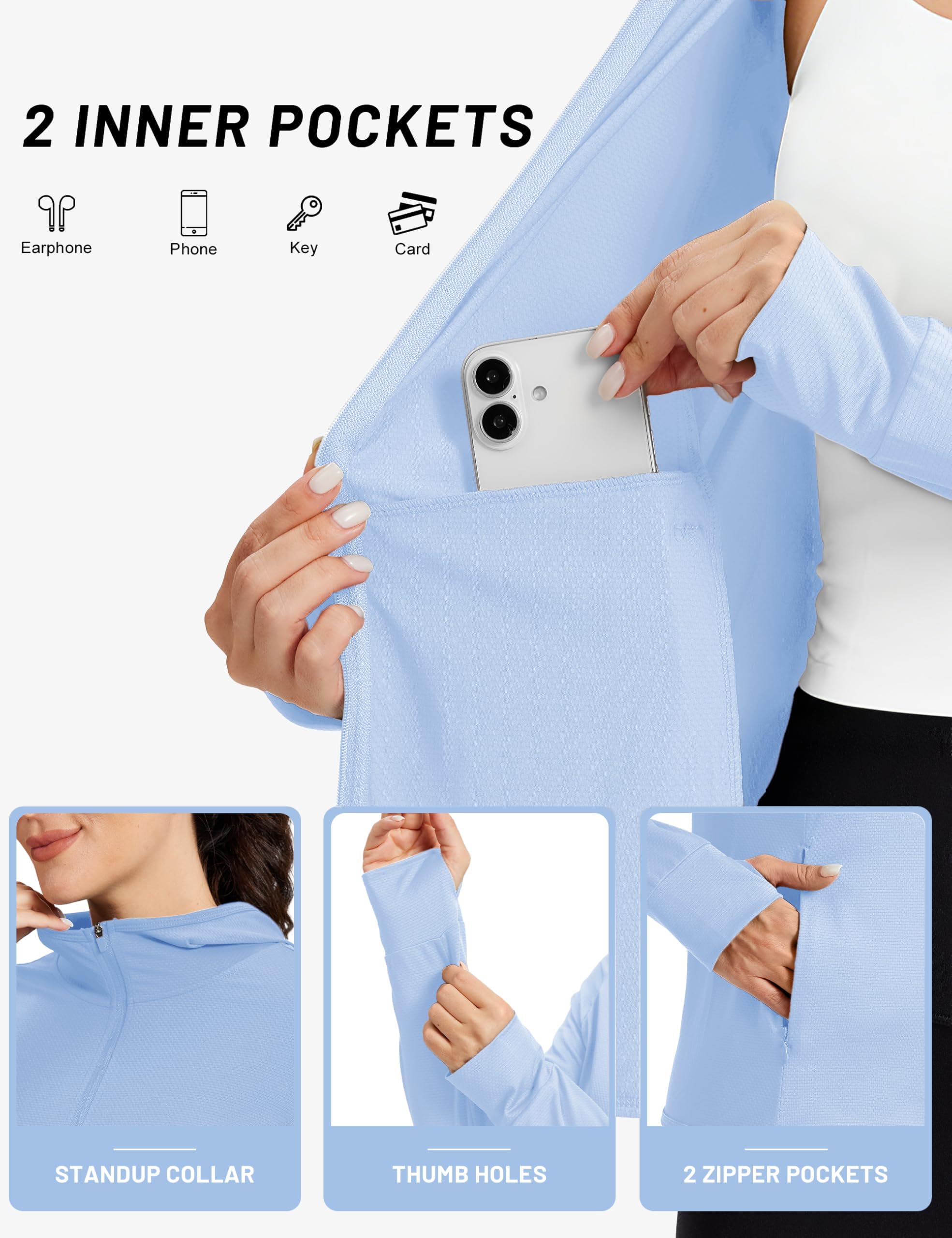 TACVASEN Mujeres Hoodie Protección Solar Camiseta con Capucha Verano Chaque de Secado Rápido UPF 50+ Protección UV Bolsillos con Zip