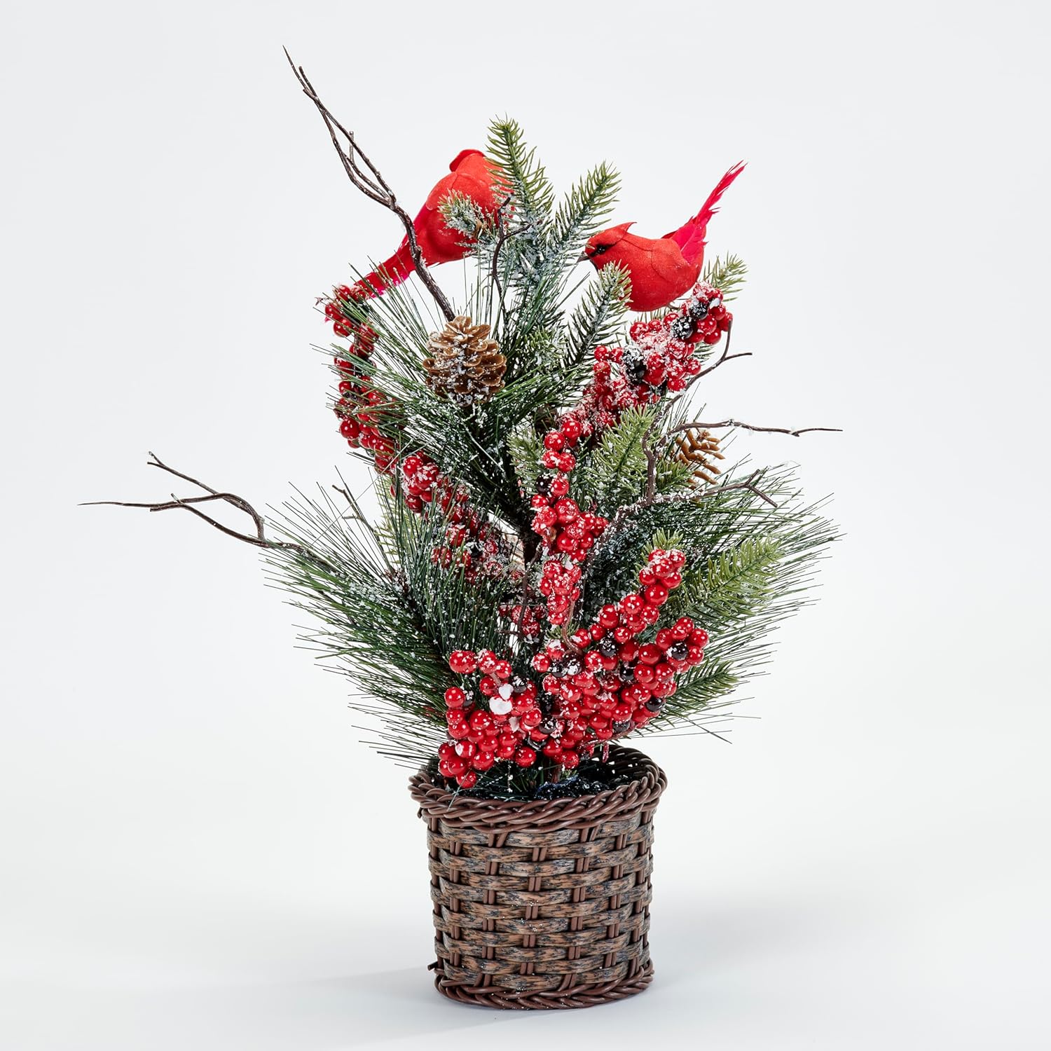 16" Red Berries, Pine, Cardinals, Cones Artificial Christmas Basket Arrangement, Multicolor