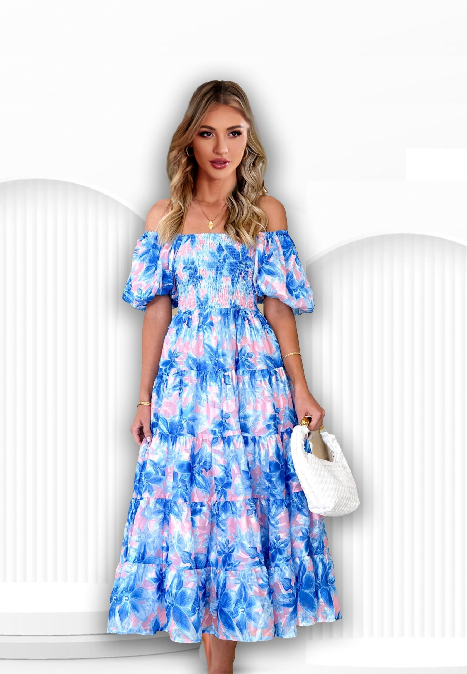 Boho Geometric Smocked Square Neck Ruffle Dress