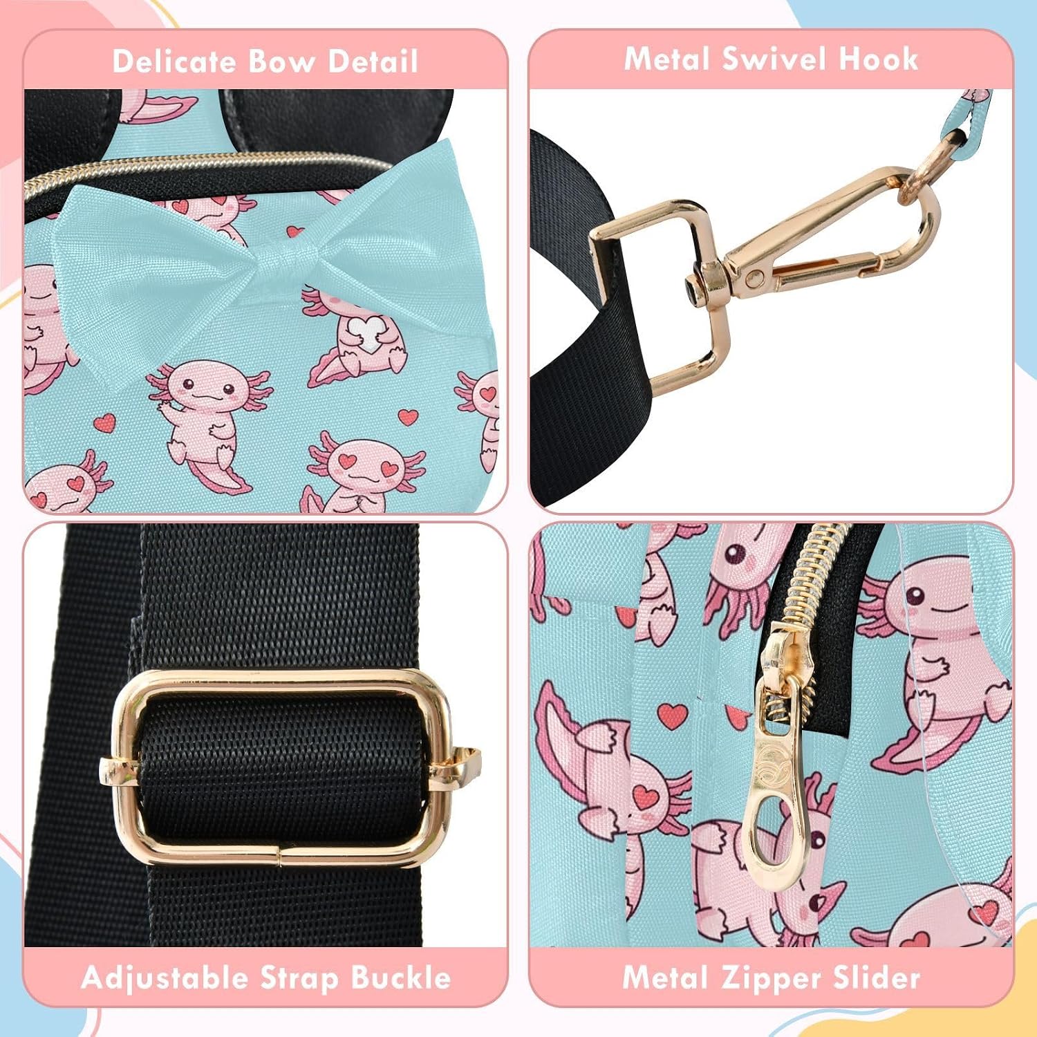 Sinestour Axolotl Kids Sling Bag for Girls, 5.7x7.5x3.1 Inches | Crossbody Fanny Pack, Toddler Purse, Cute Sling Belt Bag with Ears, 2L Small Shoulder Chest Bag for Travel