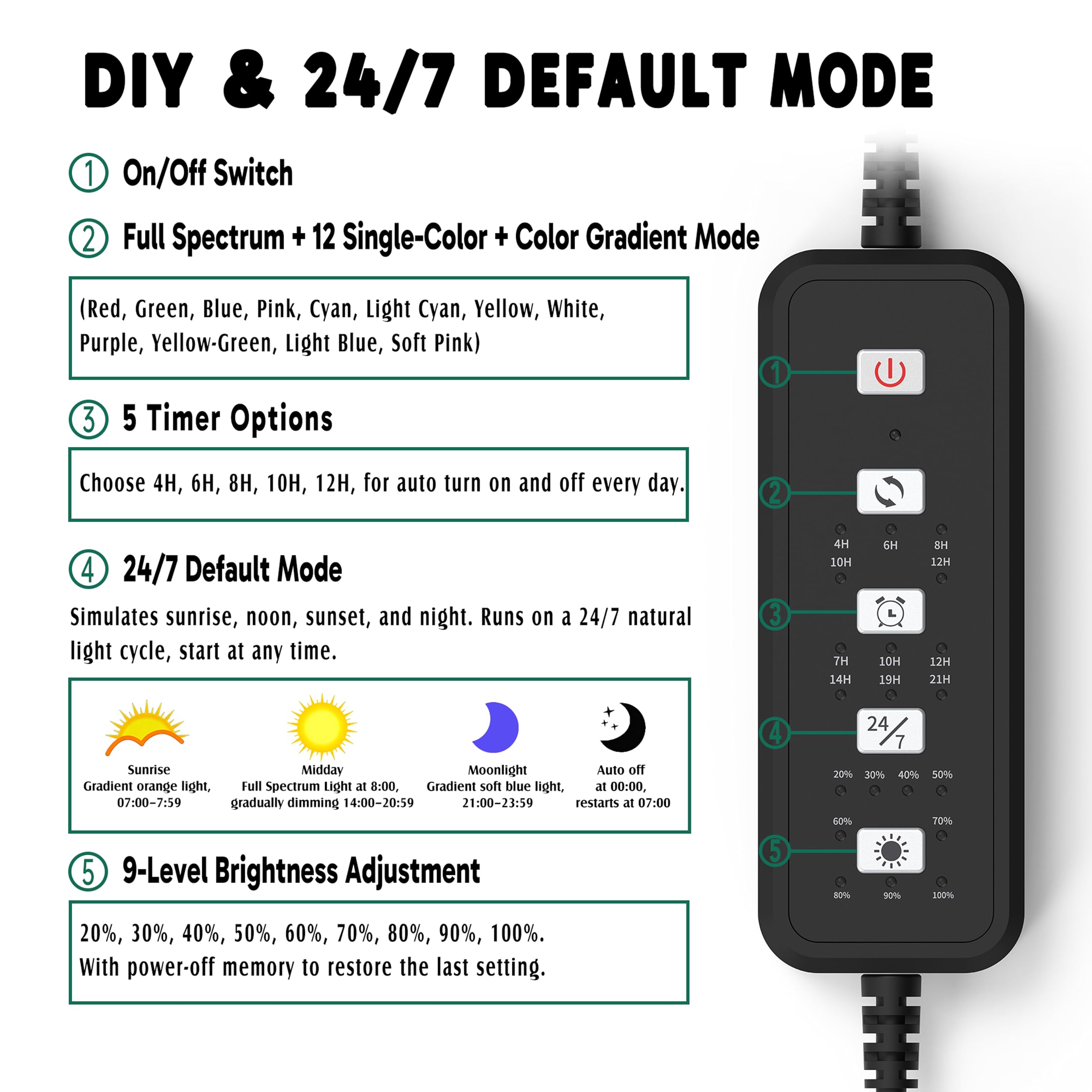 NEOAQLUX 24/7 LED Aquarium Light for 12-18 Inch Plant & Fish Tank IP68, 12-Color & Gradient & Full Spectrum with Sunrise-Daylight-Moonlight, Auto On/Off, Brightness, Extendable Brackets for Freshwater - image 2