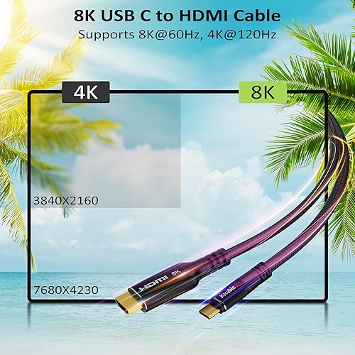Miniatura 2 de Cable USB C a HDMI 2.1 de 8K de 25 pies, (8K 60 Hz, 4K a 120 Hz, HDR), cable trenzado, compatible con Thunderbolt 34, para iPhone serie 15, MacBook