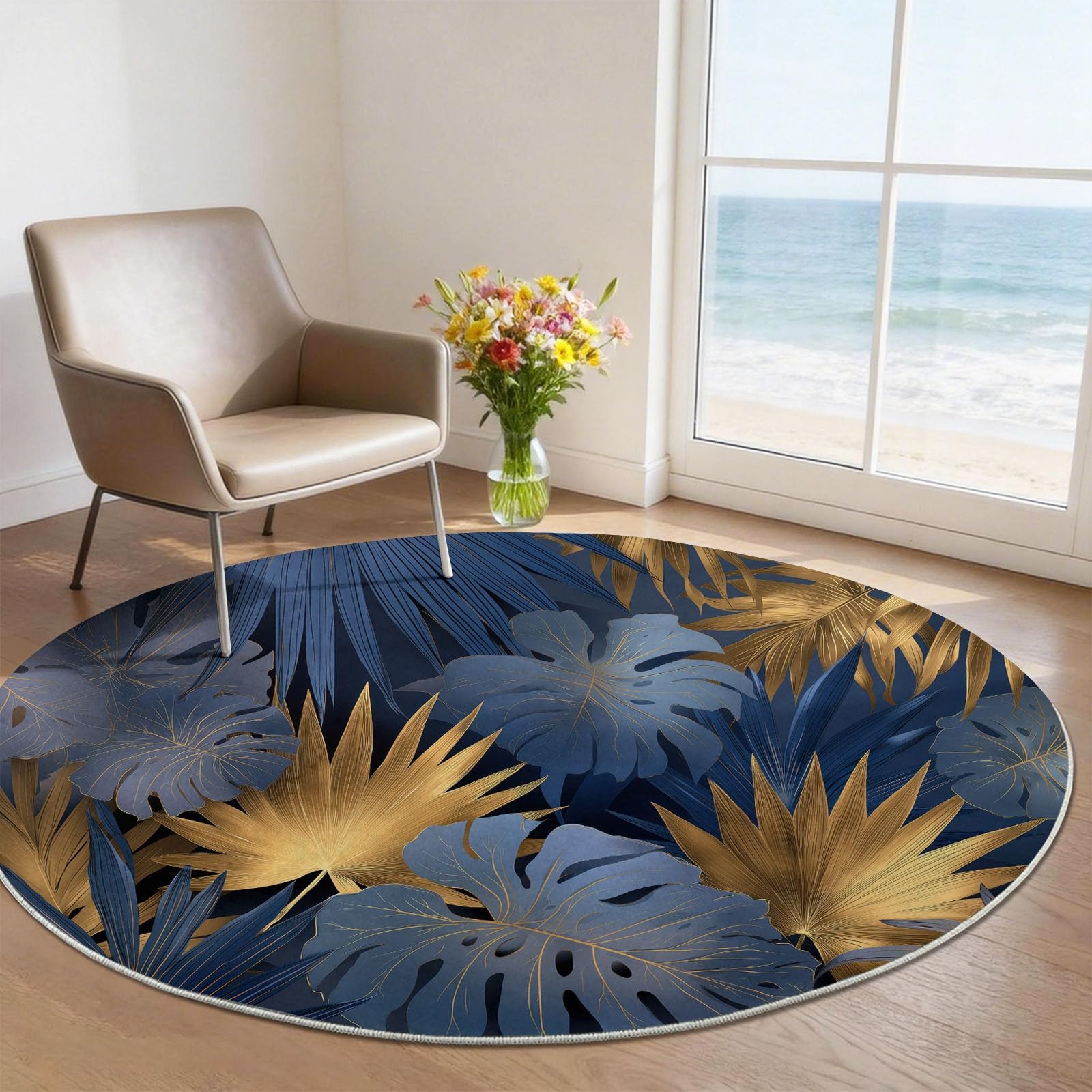 Générique Tappeto rotondo 160 cm, foglie di palma tropicali moderne, antiscivolo, tappeto per soggiorno, rotondo, lavabile in lavatrice, floreale astratto morbido, per camera da letto genitoriale