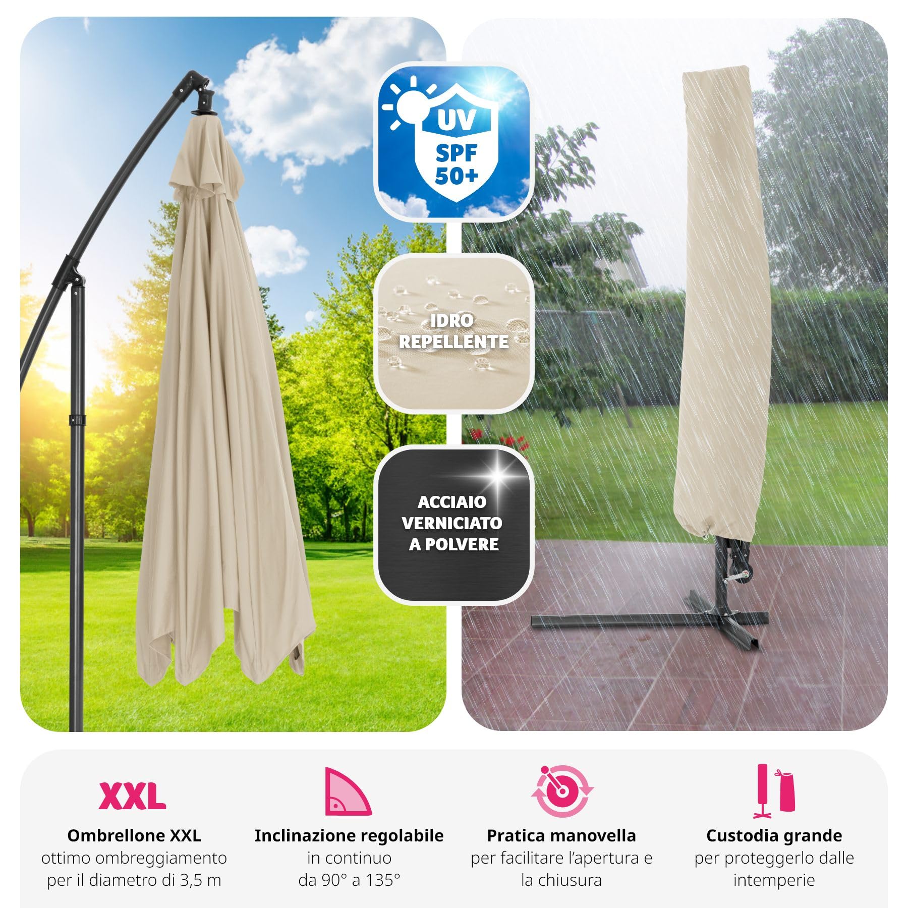 tectake® Ombrellone da Esterno con Robusta Struttura di Sostegno, Inclinabile, Idrorepellente, Resistente ai Raggi UV, Custodia Ombrellone da Giardino Inclusa
