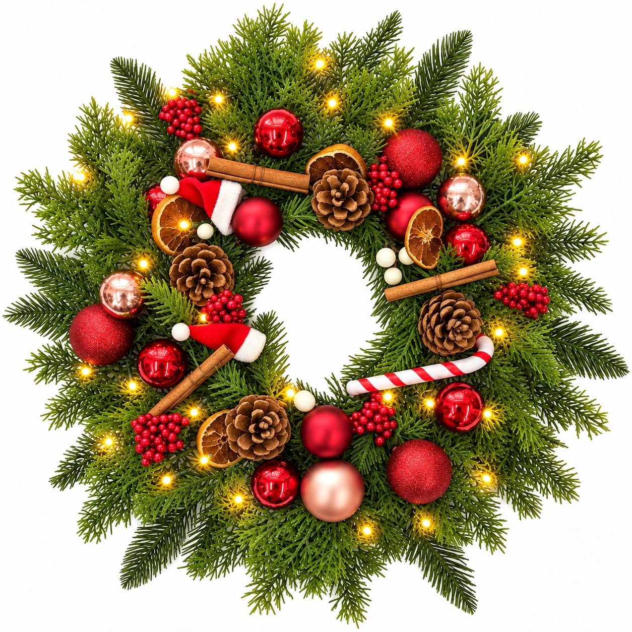 Weihnachtskranz 40cm mit Beleuchtung, 30 LED Türkranz Weihnachten mit Timer | Mit Tannenzapfen,Beeren,Zimt, Weihnachtskugeln,Warmweißen LED Batteriebetrieb mit 8 Lichtmodi,für Tür,Kamin,Wand,Fenster