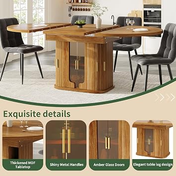 Extendable Dining Table 118–158 cm, Round Dining Table for 4–6 People, Small Kitchen Table with Glass Door Storage Cabinet, Space Saving Wooden Dining Tables for Kitchen, Walnut