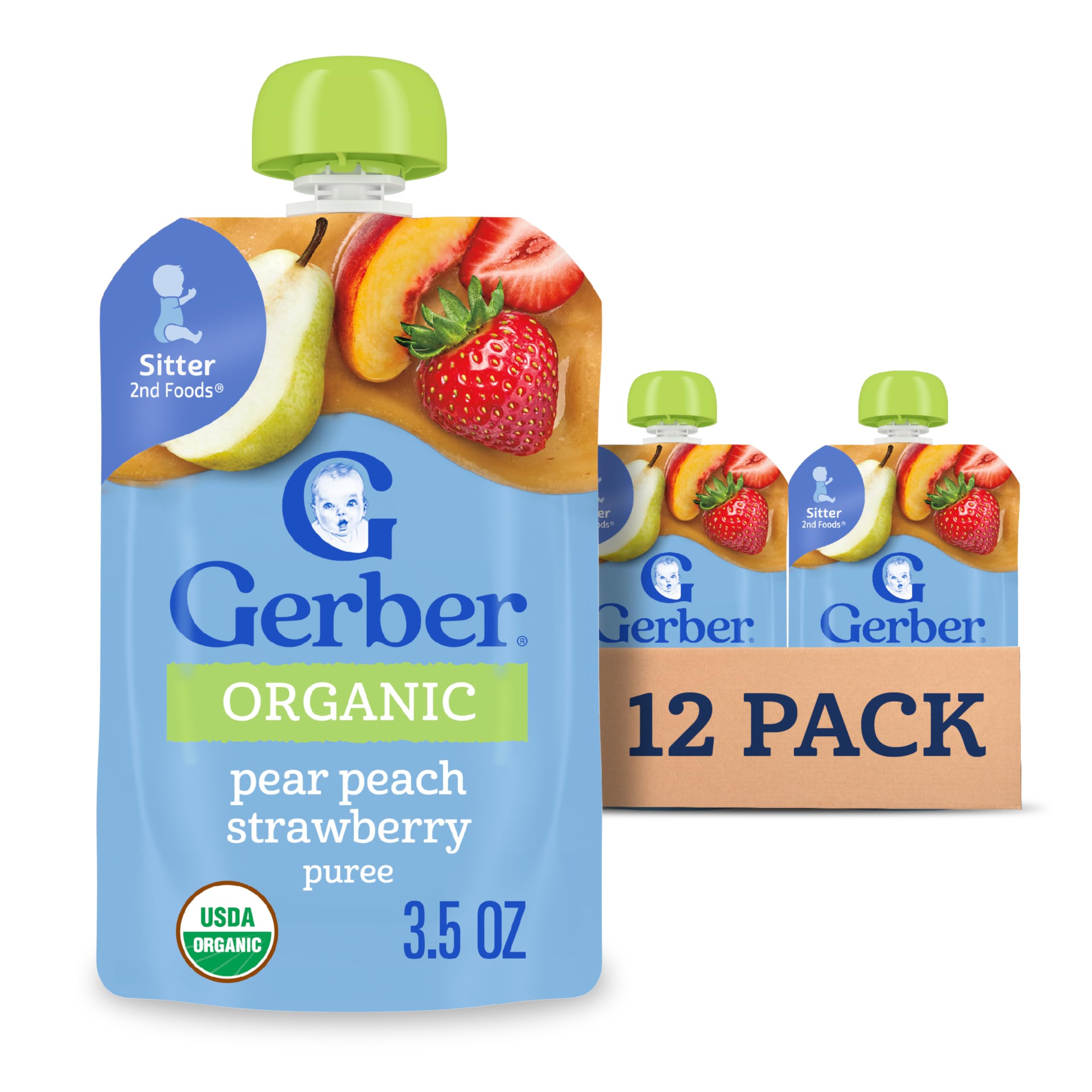 Stage 2 Baby Food, Organic Pear Peach Strawberry Puree Pouch, 2 Servings of Fruit, No Added Sweetener, No Artificial Colors or Flavors, 12-Pack