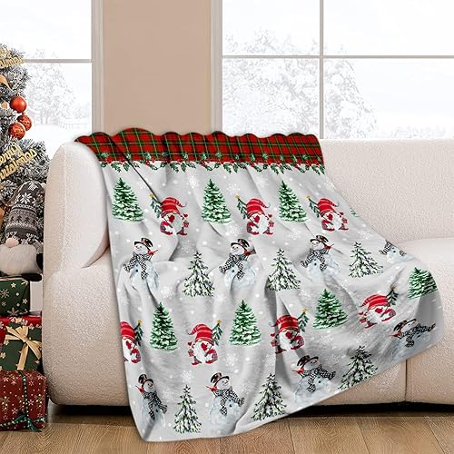 JOOCAR Manta de Navidad de invierno, nieve, árbol de Navidad, gnomo y muñeco de nieve, manta de lana cuadriculada roja y verde, manta cálida para JOOCAR Manta de Navidad de invierno, nieve, árbol de Navidad, gnomo y muñeco de nieve, manta de lana cuadriculada roja y verde, manta cálida para