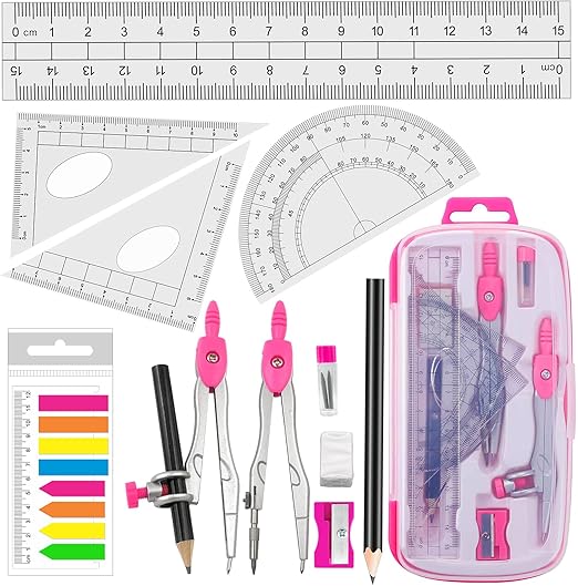 Akuoly Maths Compasses Full Starter Geometry Kit with 2 Drafting Compasses Protractor 2 Set Squares Ruler Pencil and More for Students Maths Study Homework etc. Pink