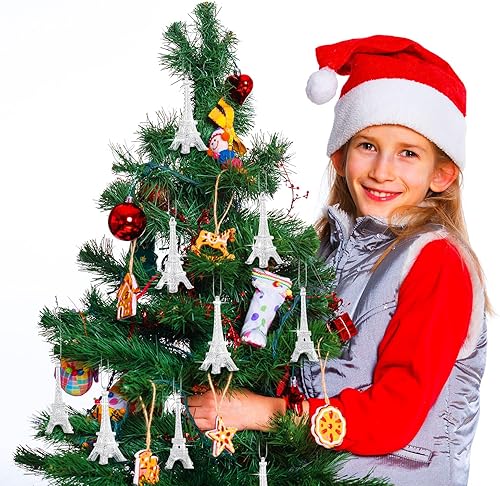 Miniatura 4 de Thyle 24 adornos para árbol de Navidad de la Torre Eiffel, decoraciones plateadas con purpurina de París, adornos colgantes de la torre Eiffel de