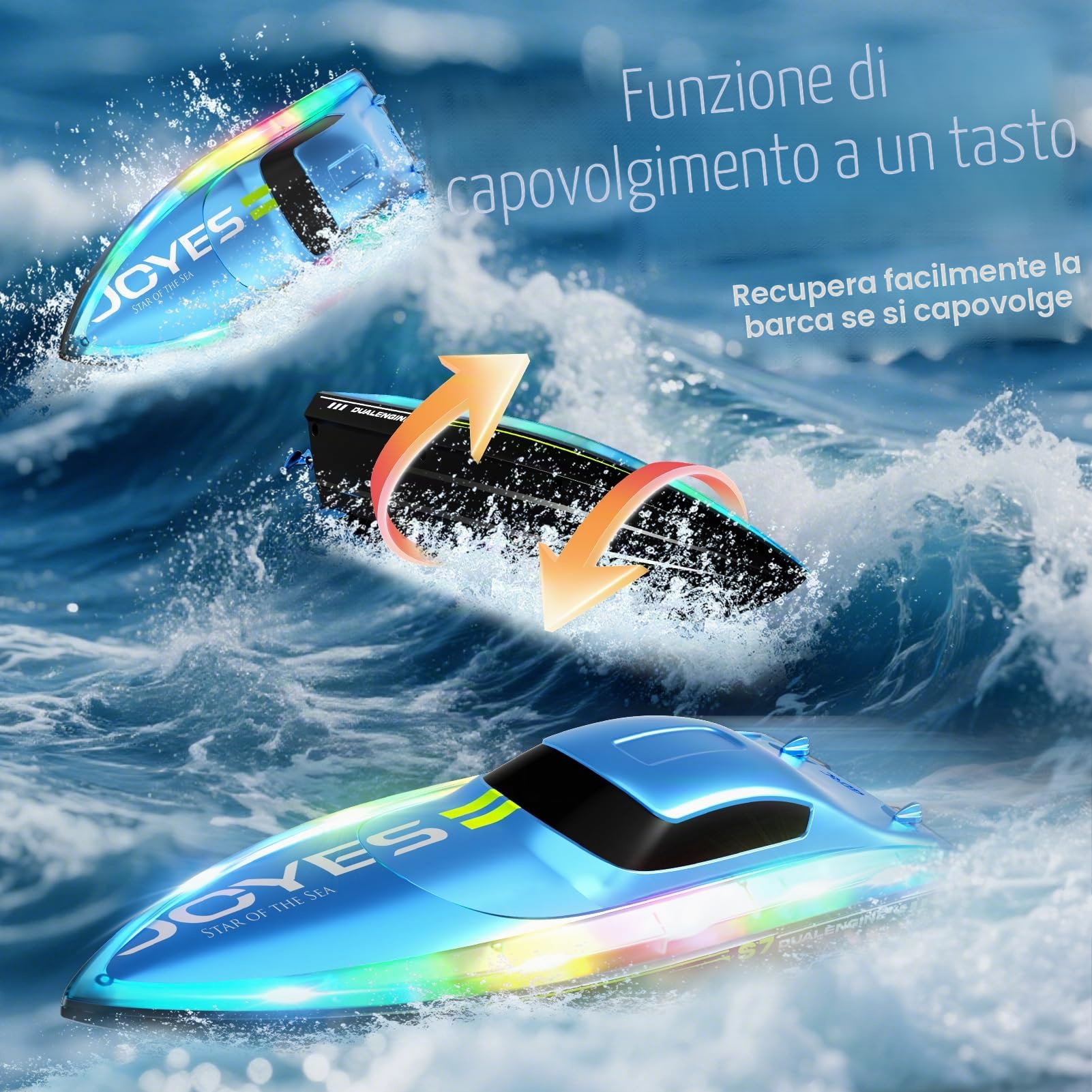 4DRC S7 Barca RC con luce LED, 50+ minuti, auto diritto remoto barca per piscine e laghi, 15+ MPH, 2.4GHz barche da corsa, 2 batterie, giocattoli da piscina per bambini, moto d'acqua radiocomandata