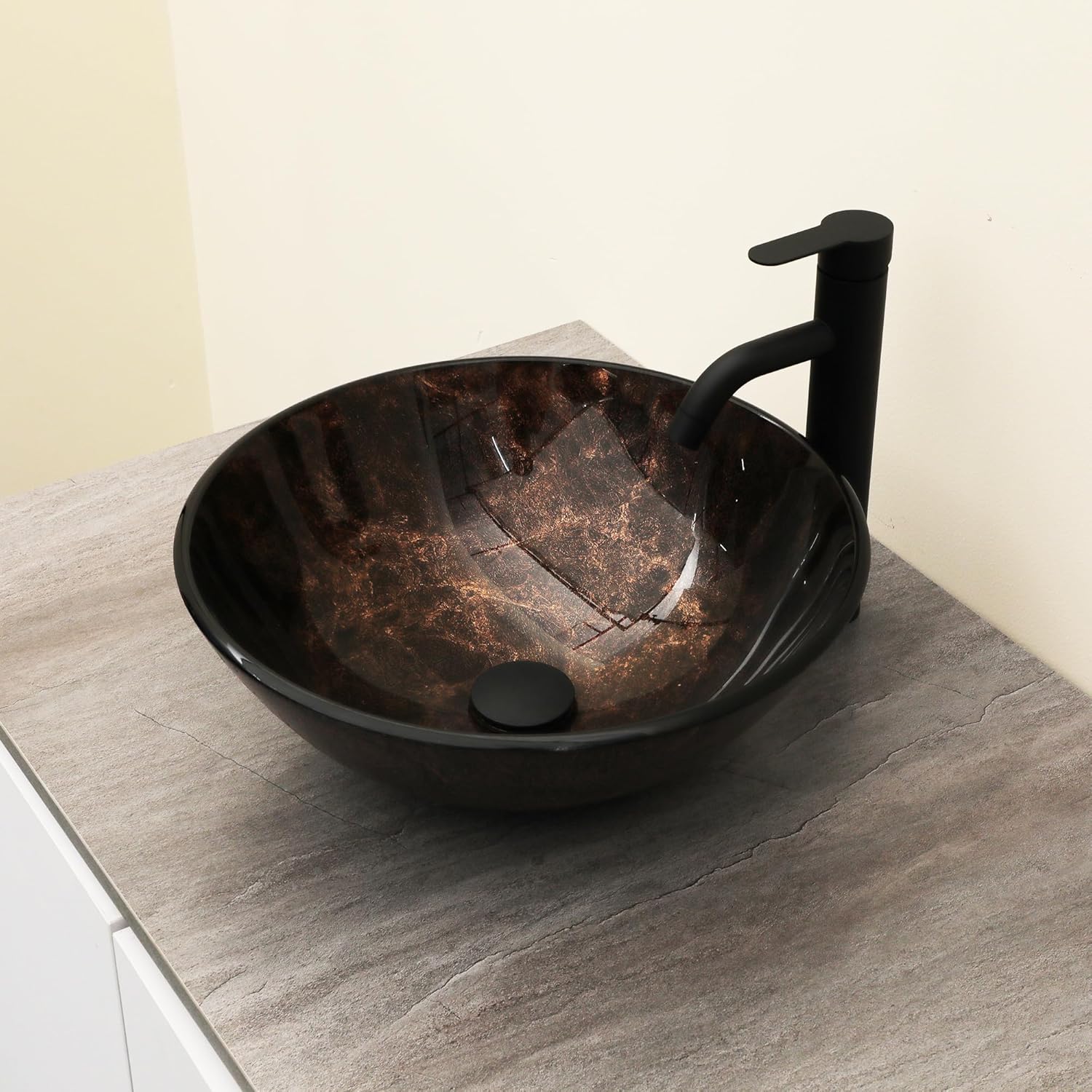 Logmey 16" Glass Bathroom Vessel Sink Vanity Countertop Round Bowl with Black Faucet and Chrome Pop up Drain Set,Glass Art Basin,Dark Bronze