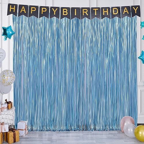LOLStar Cortinas de flecos de papel de aluminio azul claro, paquete de 3 unidades de 3.3 x 6.6 pies, color azul mate, decoración de revelación de
